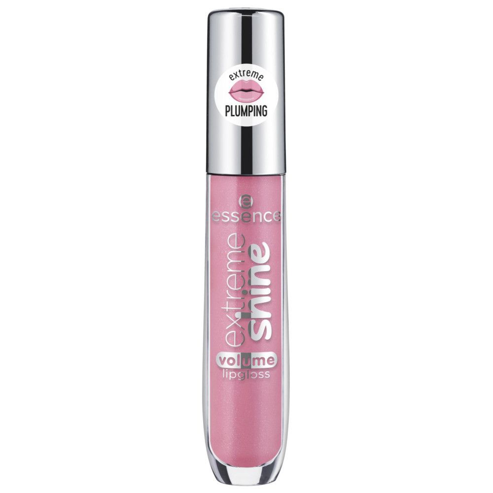 Lipgloss-Tube mit silbernem Deckel. Rosa Inhalt, Schriftzug "extreme shine volume lipgloss". Aufkleber "extreme plumping".
