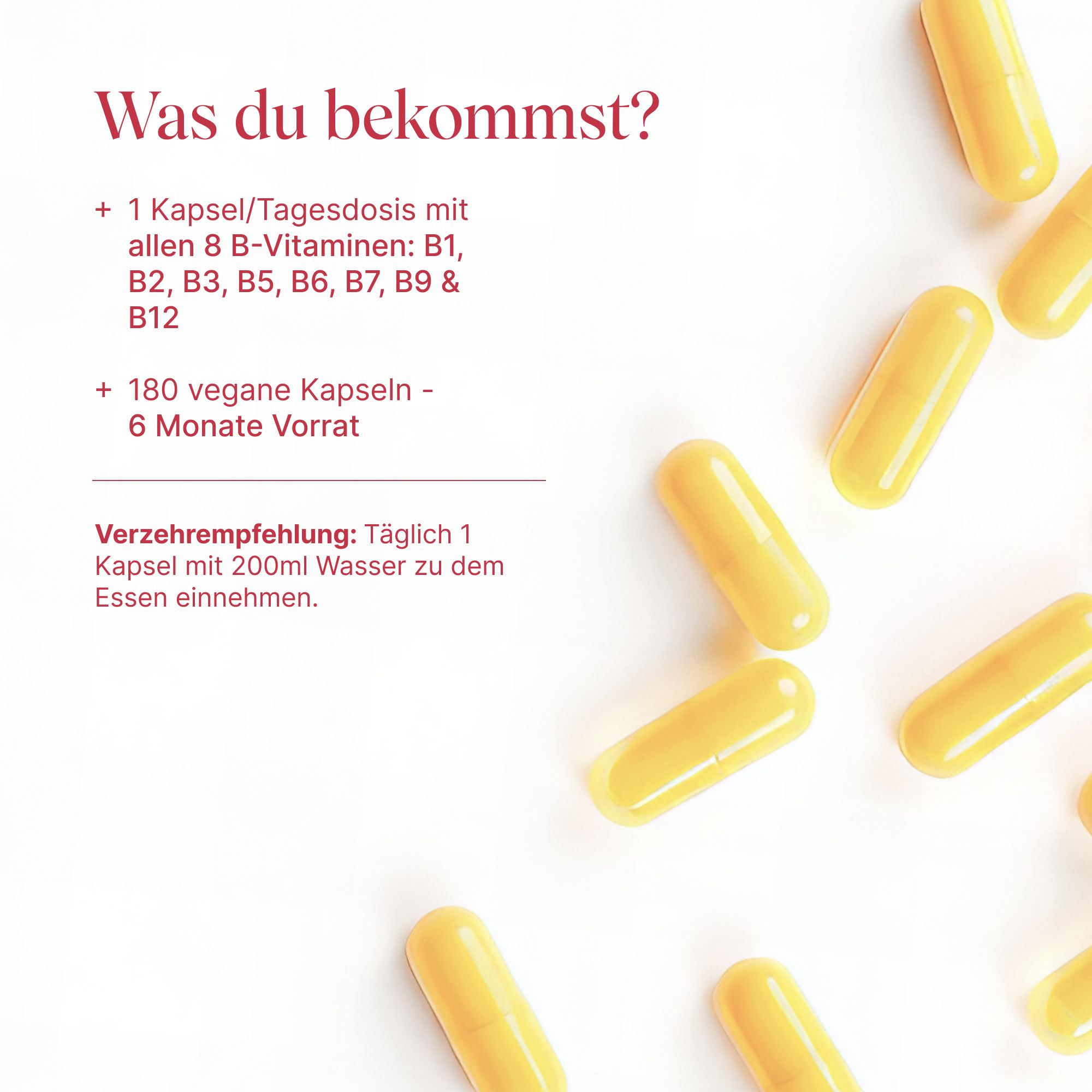 Gelbe Kapseln mit B-Vitaminen, 180 Stück für 6 Monate Vorrat.