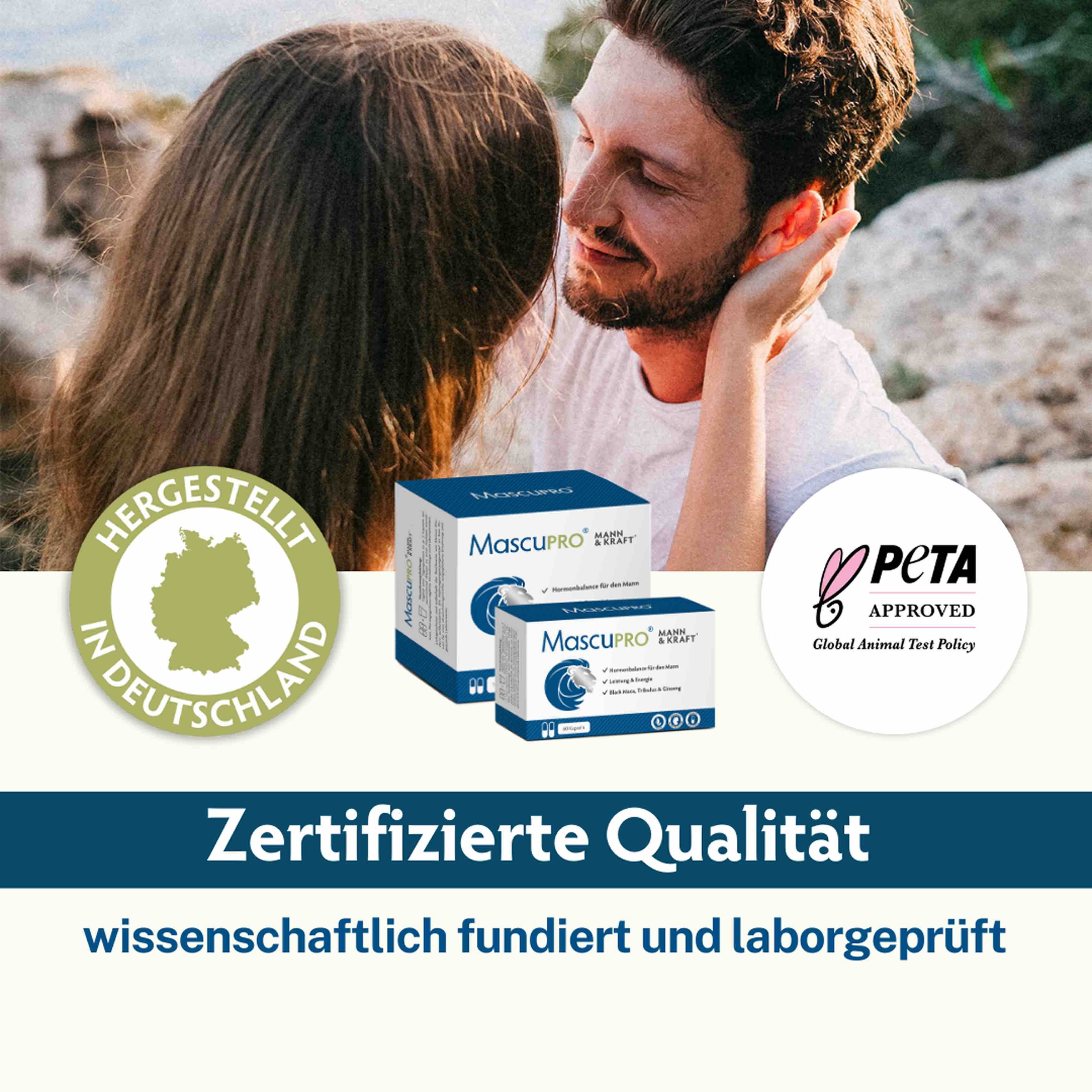 Zwei Packungen MascuPRO®. Logo: PETA Approved. Text: Hergestellt in Deutschland, Zertifizierte Qualität, wissenschaftlich fundiert und laborgeprüft.