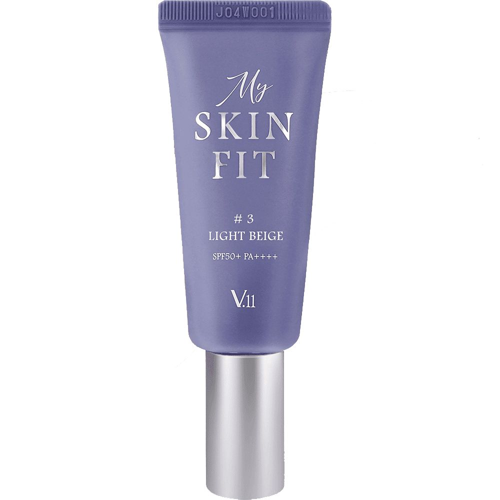 Lila Tube mit Aufschrift My Skin Fit #3 Light Beige SPF 50+ PA++++. Silberne Kappe. V11 Logo.