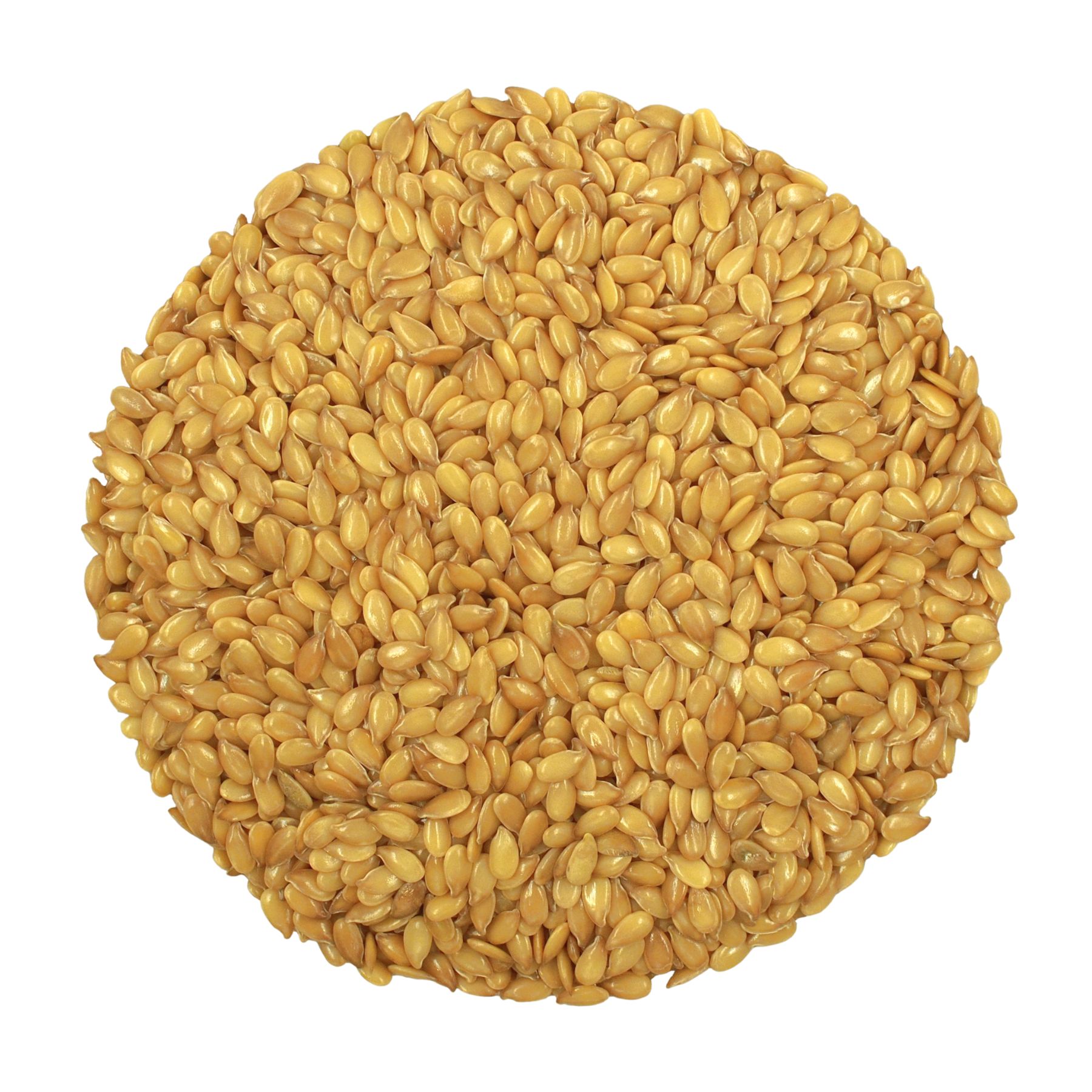 Kreisförmige Anordnung von gelben Leinsamen auf weißem Hintergrund. Einzelne Samen deutlich sichtbar.