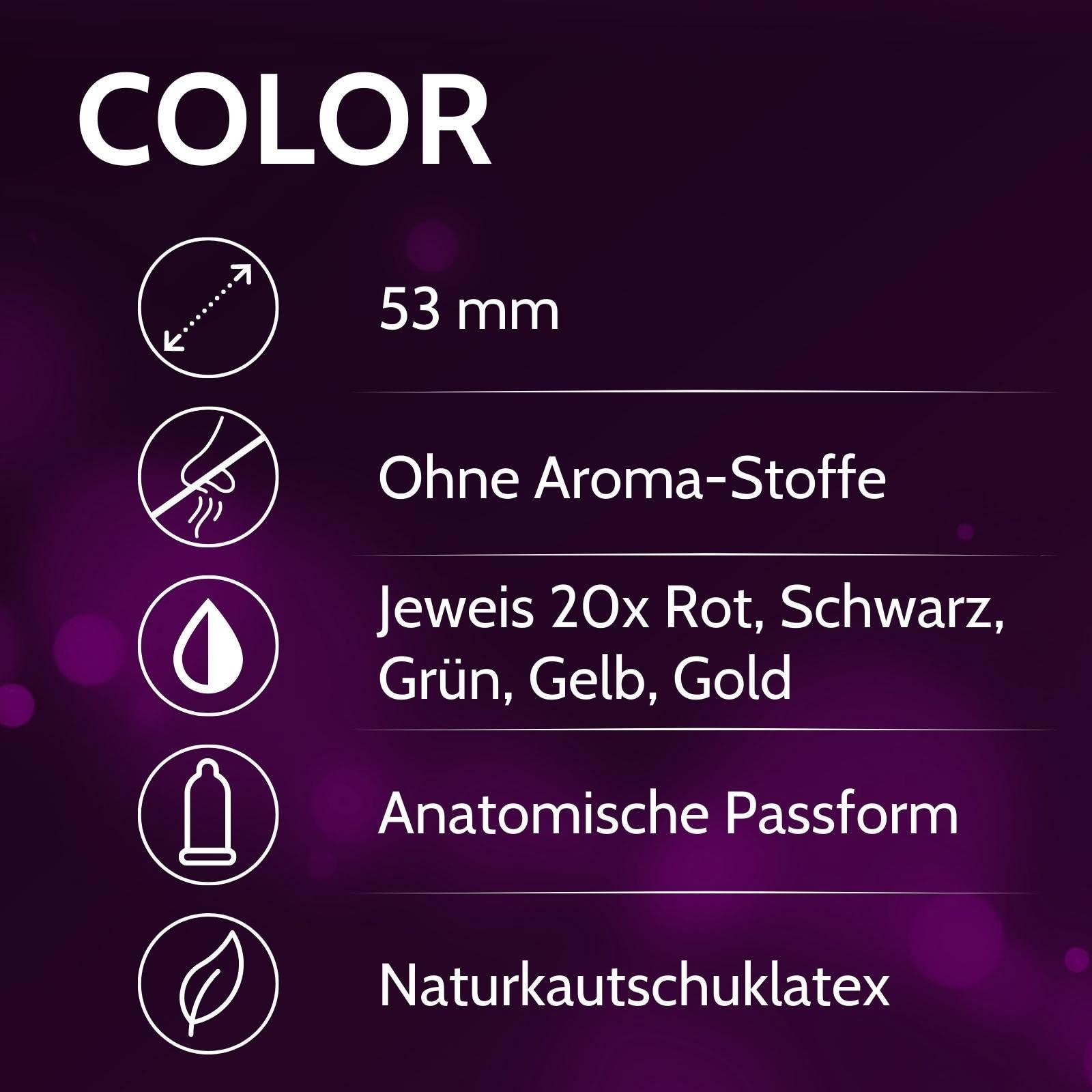 Vibratissimo COLOR Kondome, 53 mm, anatomische Passform, Naturkautschuklatex, ohne Aroma.