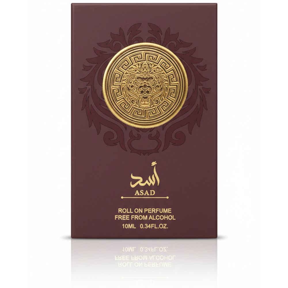 Braune Schachtel mit goldenem Medaillon. Aufschrift: ASAD, Roll-on Parfum, 10ml.