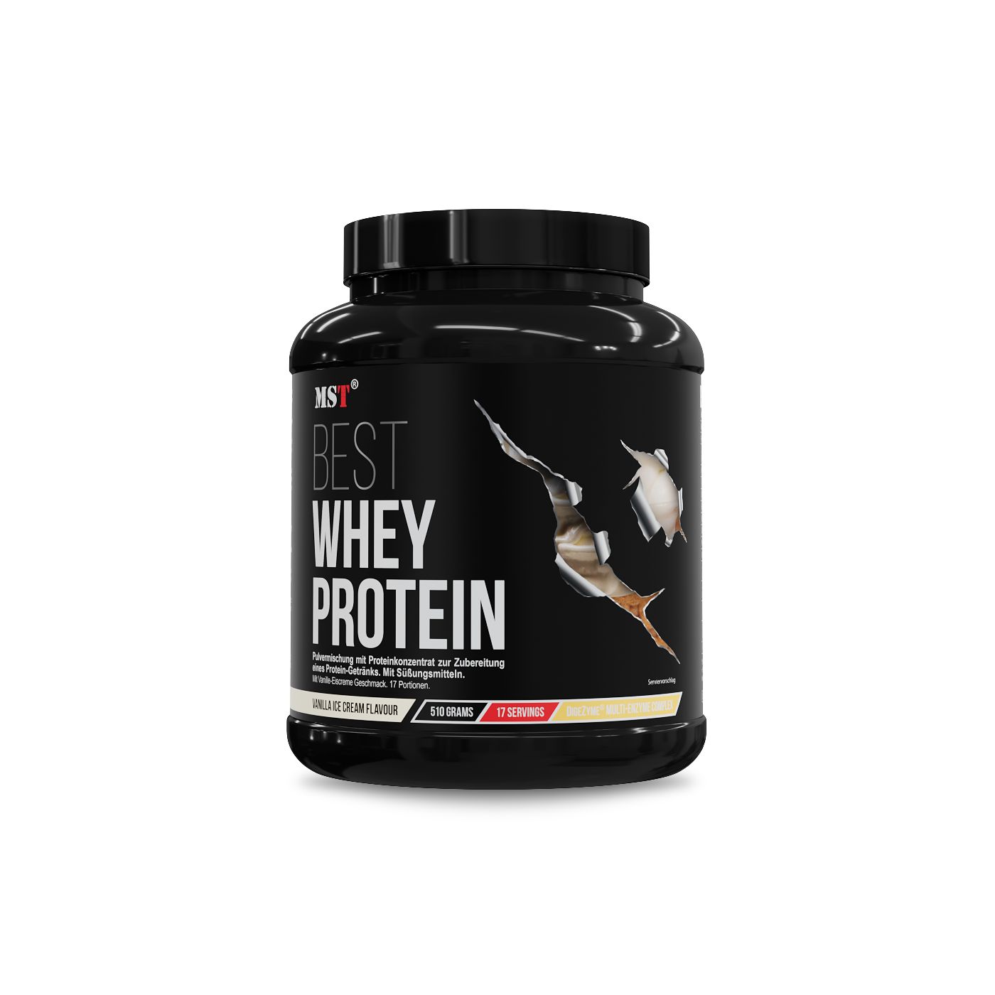 Schwarzer Behälter mit MST Best Whey Protein Etikett. Enthält 500g. Geschmack: Vanilla Cream.