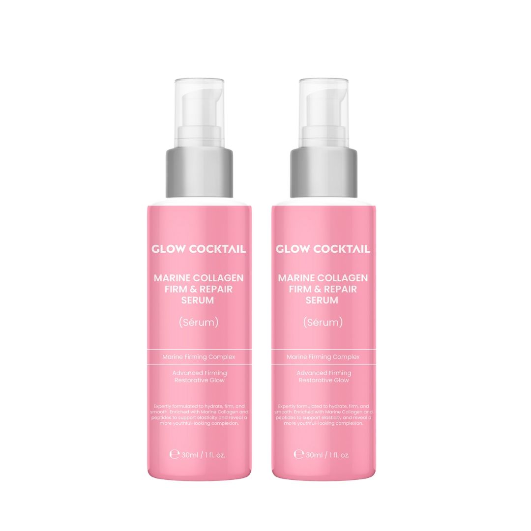 Zwei Flaschen Serum. Rosa Flaschen mit silbernen Pumpköpfen. Aufschrift: Glow Cocktail, Marine Collagen Firm & Repair Serum.