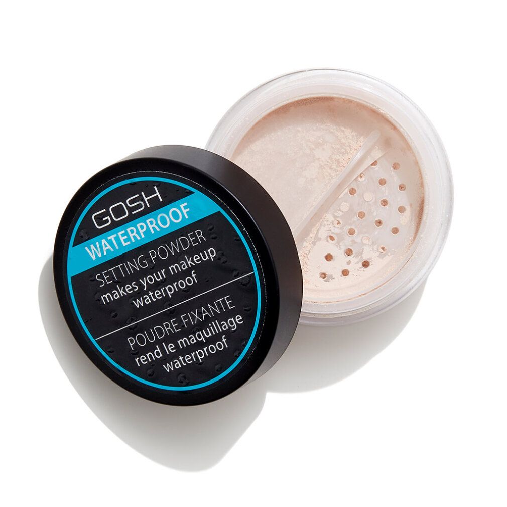 Behälter mit schwarzem Deckel, geöffnet. Aufschrift: GOSH WATERPROOF SETTING POWDER. Puder mit Löchern. Deckel daneben.