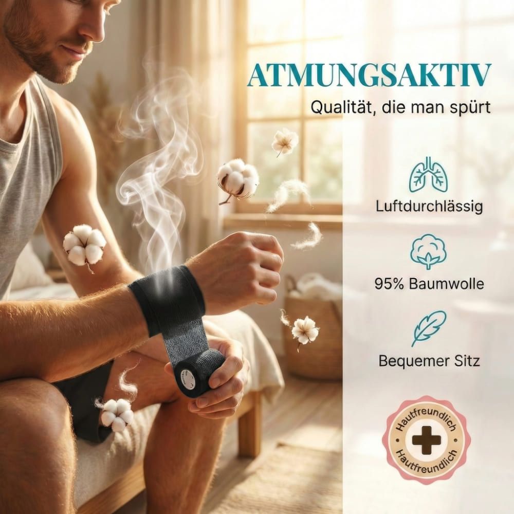 Mann mit Bandage am Handgelenk. Text: Atmungsaktiv, 95% Baumwolle, bequemer Sitz, hautfreundlich. Baumwollblüten.