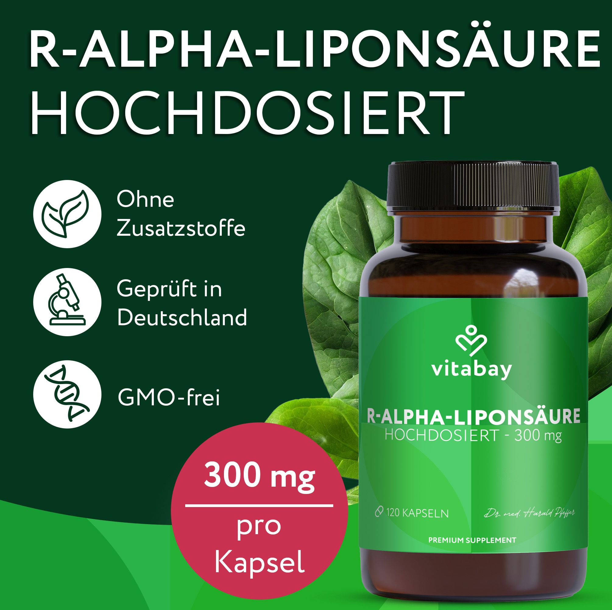 Vitabay R-Alpha-Liponsäure Flasche mit Informationen.