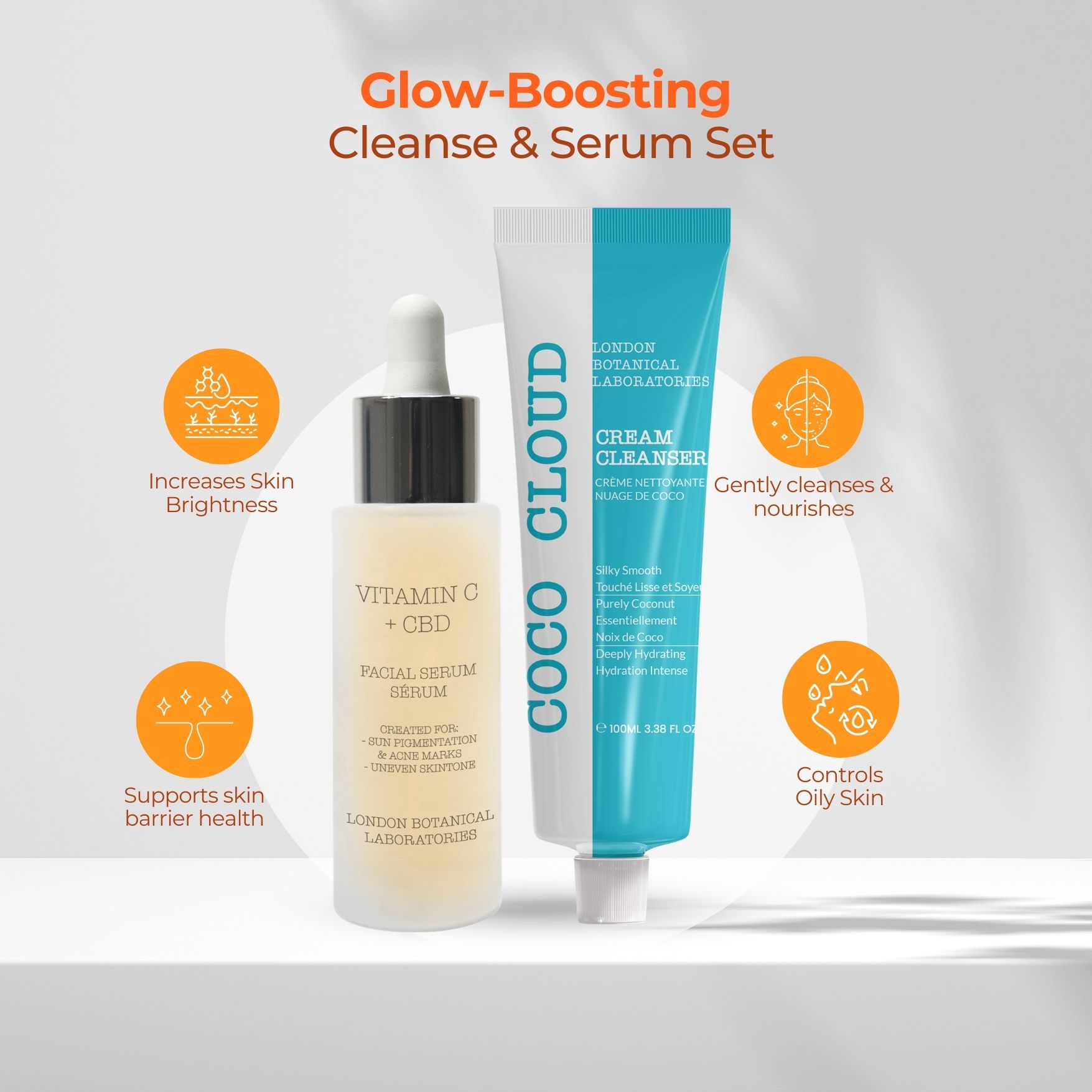 Serumflasche und Reiniger-Tube. Serum mit Pipette, Reiniger-Tube mit blauem Streifen. Text: Coco Cloud, Vitamin C + CBD, Cream Cleanser.