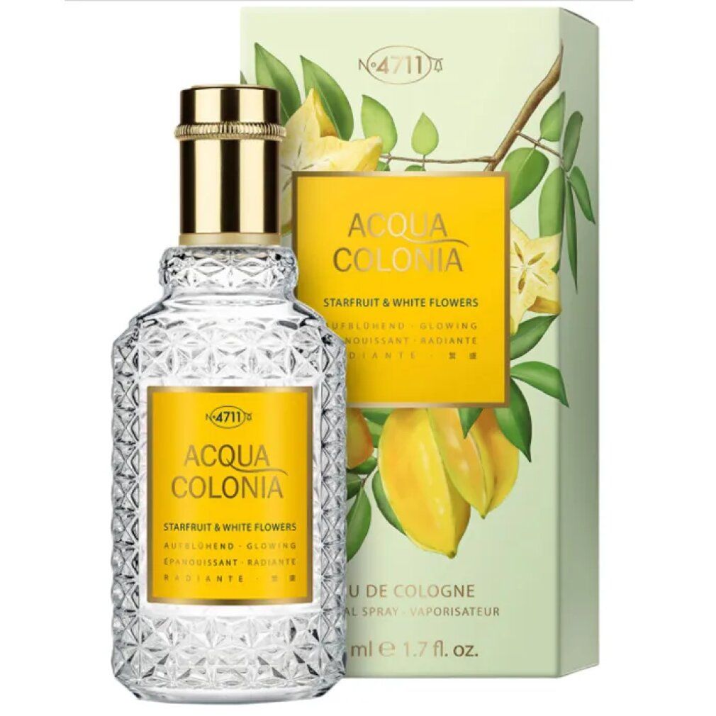 Glasflakon und Verpackung. Aufschrift: Acqua Colonia Starfruit & White Flowers. Abbildung von Sternfrüchten.