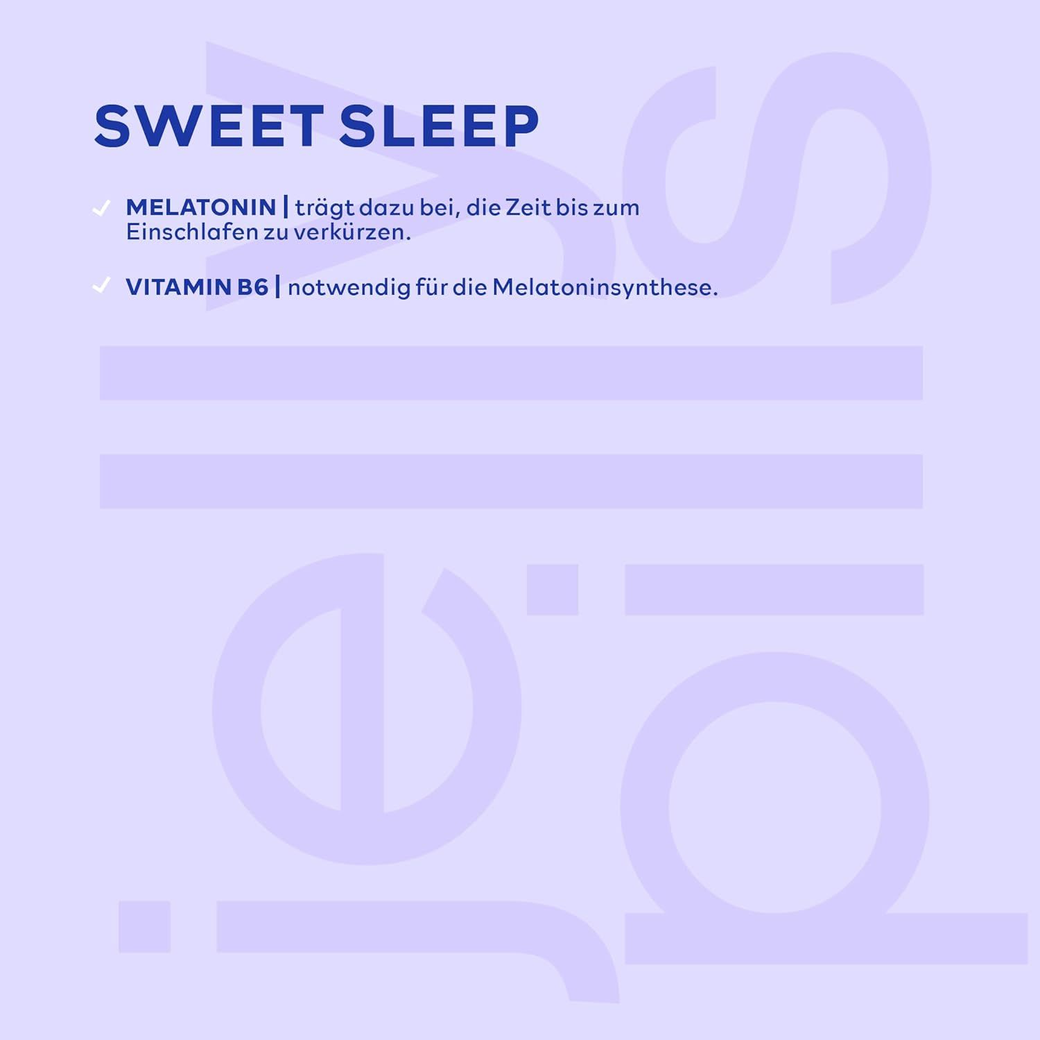 Text auf hellblauem Hintergrund. Überschrift: Sweet Sleep. Melatonin und Vitamin B6. Text über die Inhaltsstoffe.