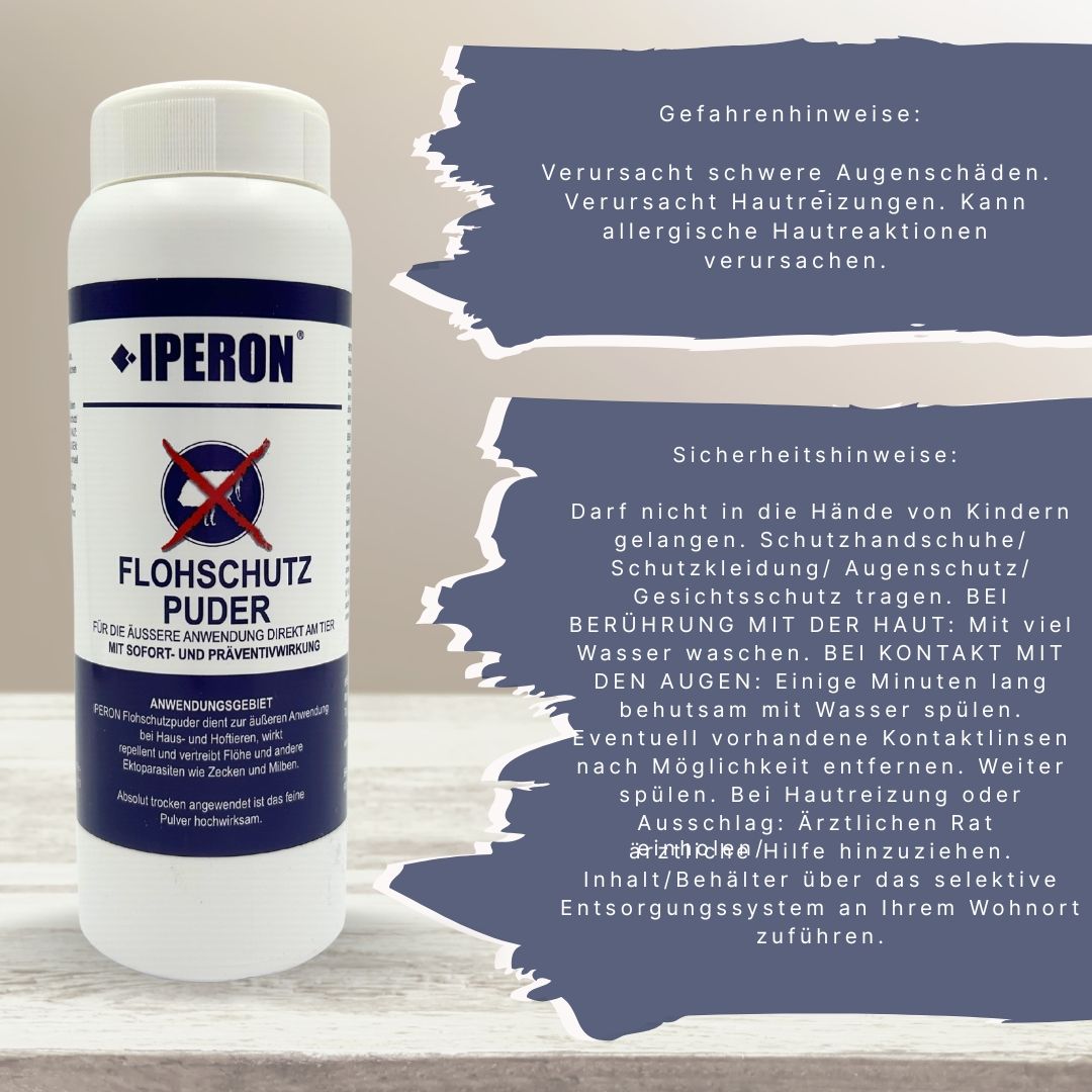 Flasche IPERON® Flohschutz Puder mit Sicherheitshinweisen.