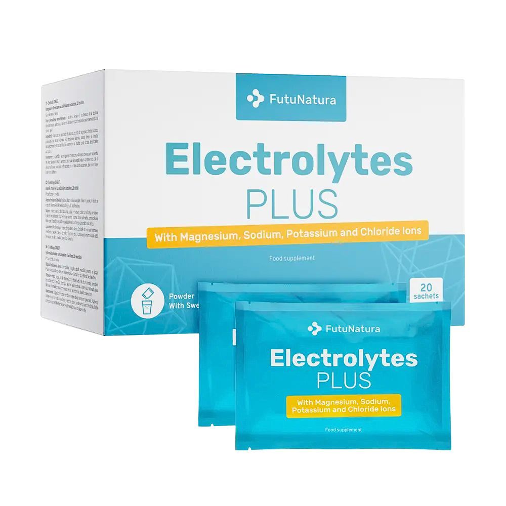 Produktverpackung mit Elektrolyte PLUS. Enthält 20 Sachets. Marke FutuNatura. Text: Mit Magnesium, Natrium, Kalium und Chlorid-Ionen. Nahrungsergänzungsmittel.