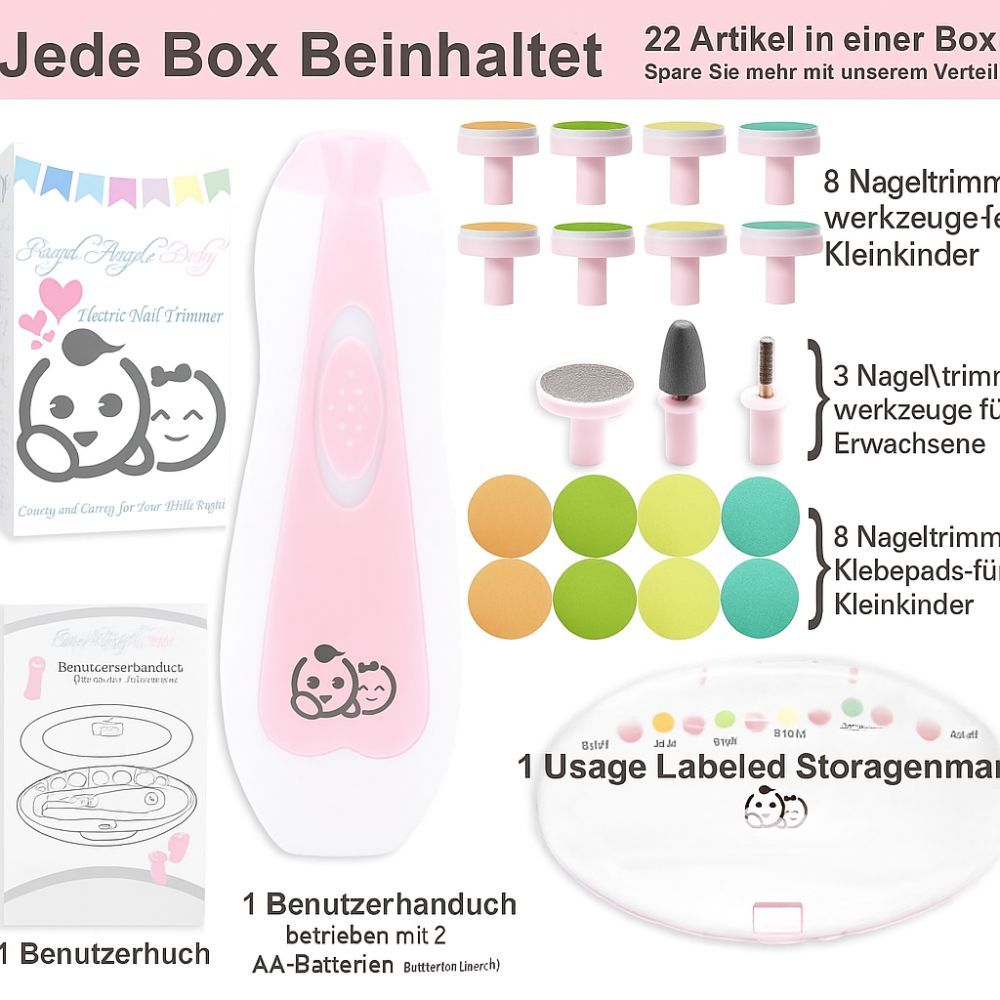 Nagelpflegeset mit elektrischer Feile, Aufsätzen und Etui. Enthält 22 Teile. Verpackung mit Produktabbildung und Text.