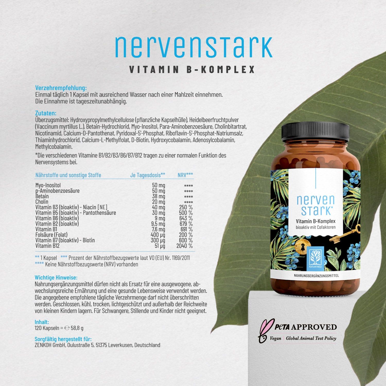 Braune Flasche mit "nervenSTARK Vitamin B-Komplex". Enthält 120 Kapseln. PETA-Siegel. Inhaltsstoffe und Nährwerte sind aufgeführt.