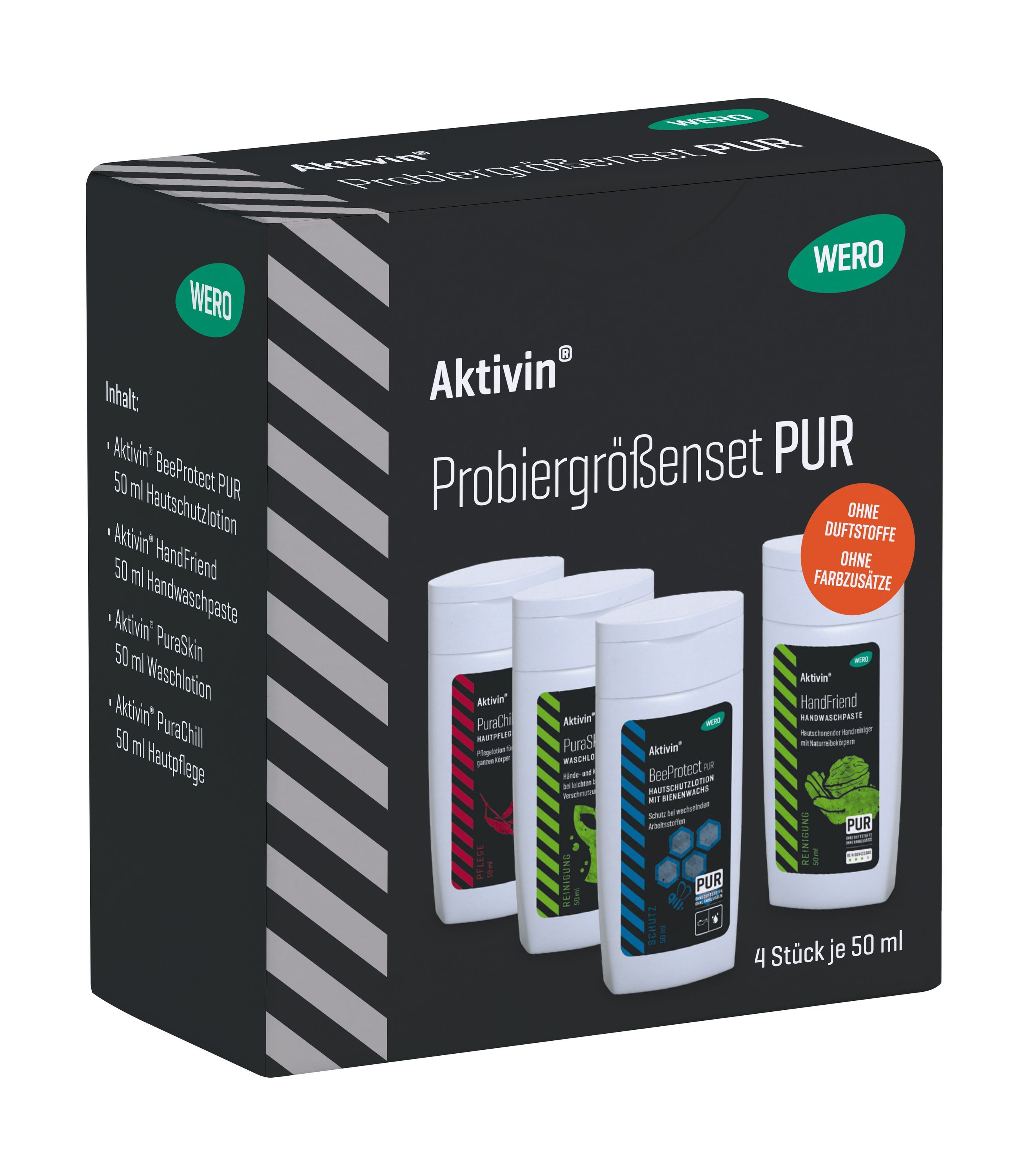 Schwarze Verpackung mit WERO-Logo und Aktivin Probiergrößenset PUR. Enthält vier Flaschen mit je 50 ml.