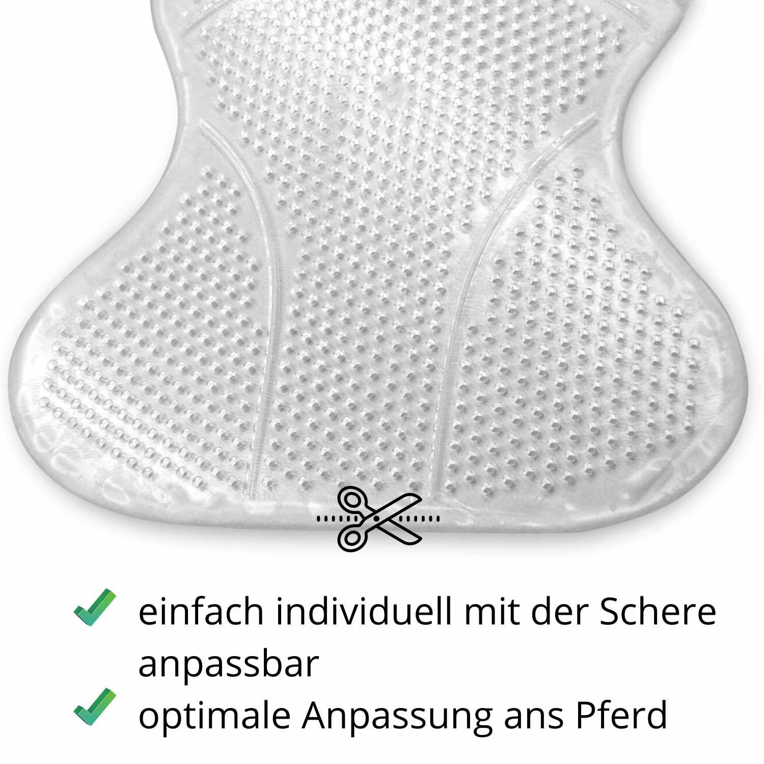 Transparente Sattelunterlage mit Noppenstruktur. Schere-Symbol. Text: einfach anpassbar, optimale Anpassung ans Pferd.