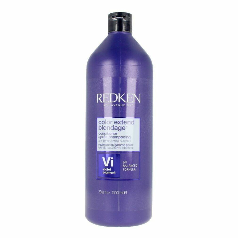 Violette Spülung von Redken. Flasche mit schwarzem Deckel. Produktetikett mit Text.