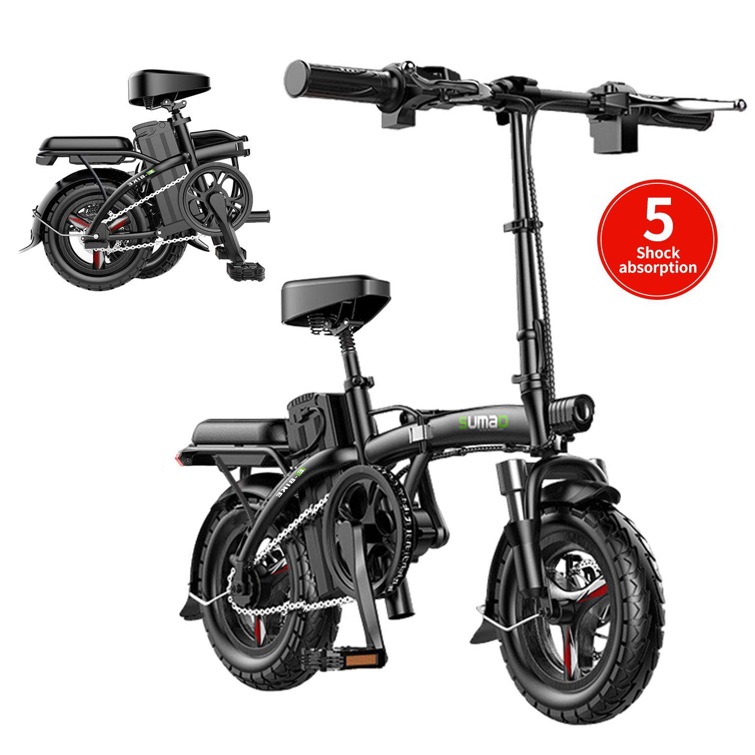 Schwarzes, zusammengeklapptes Elektrofahrrad. 14-Zoll-Räder. Zusätzliche Grafik mit '5 Shock absorption'.