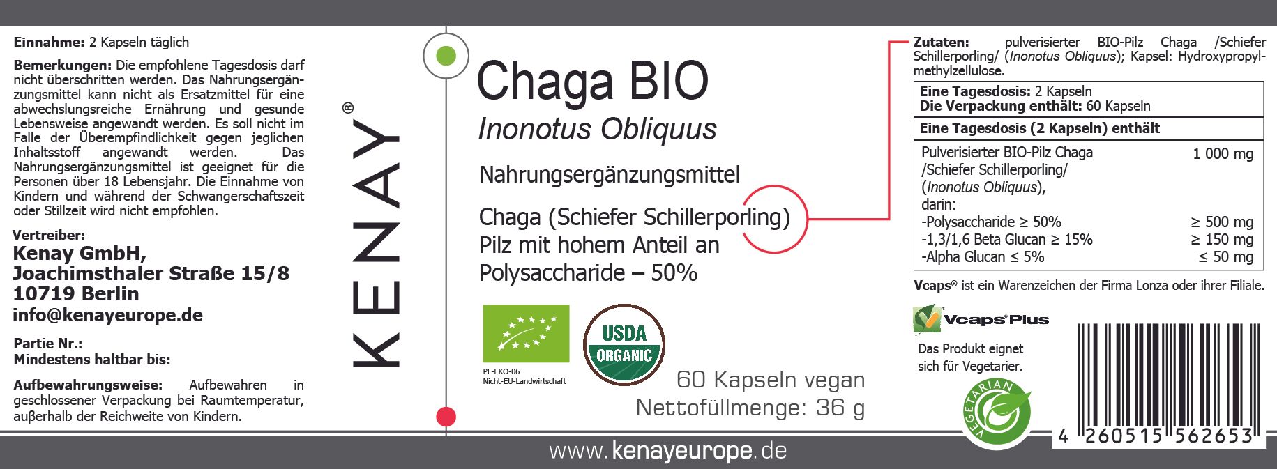 Etikett mit Text: "Chaga BIO Inonotus Obliquus", "KENAY®"-Logo, USDA Organic-Zertifizierung. 60 Kapseln vegan. Nährwertangaben.