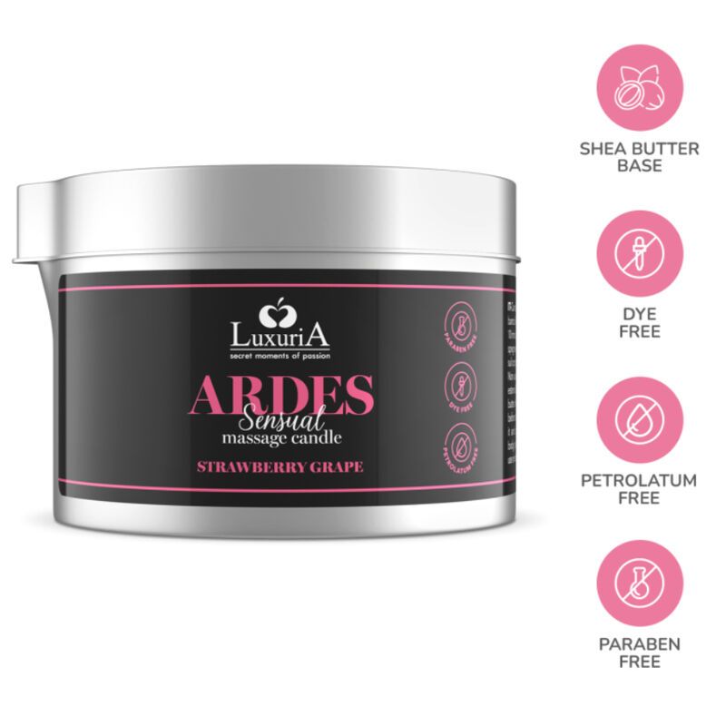 Silberne Dose mit schwarzem Etikett. Aufschrift: ARDES Sensual massage candle, Erdbeere-Traube. Rosa Symbole.