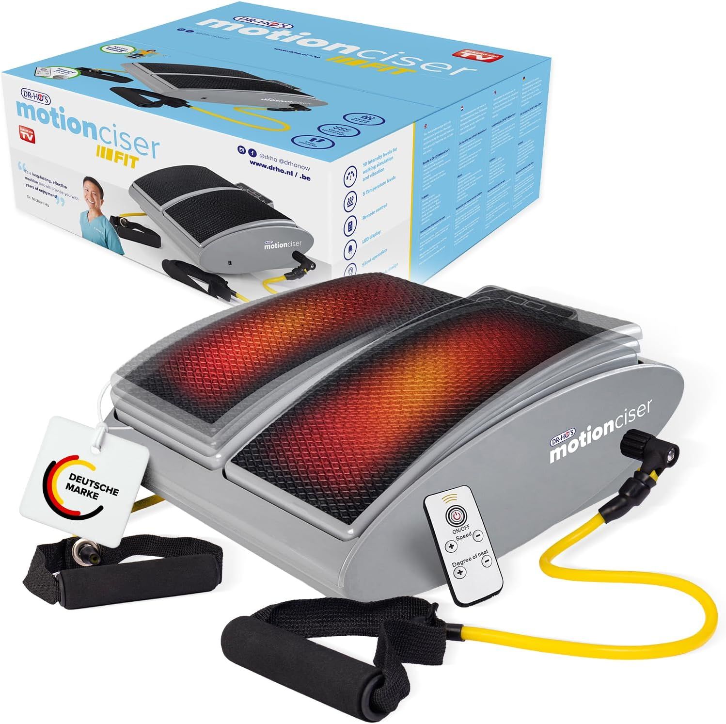 DR-HO'S MotionCiser Fußmassagegerät mit Wärmefunktion, Fernbedienung, Trainingsbändern und Verpackung.