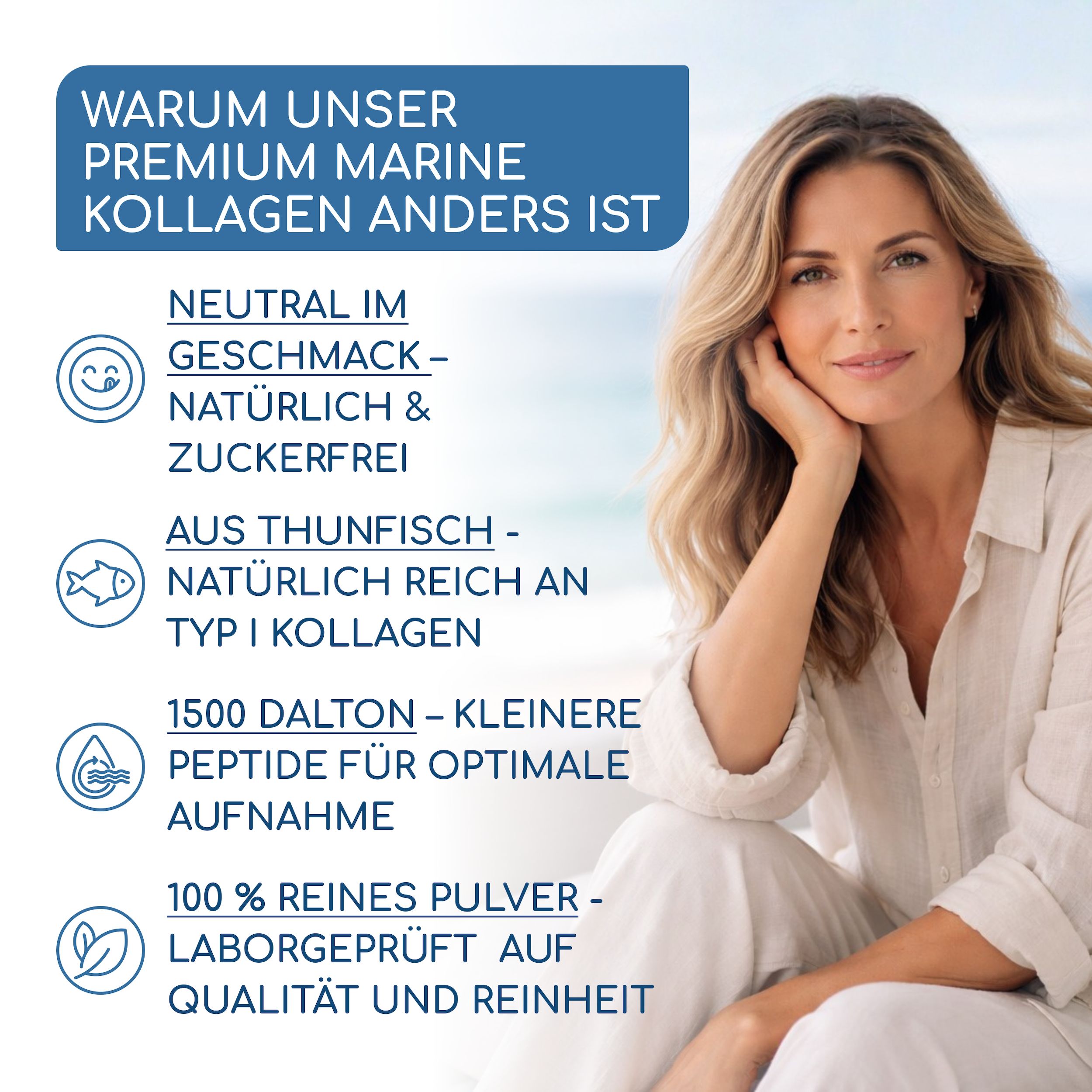 Frau lächelt, neben Text über neutralen Geschmack, Kollagen Typ I, 1500 Dalton.