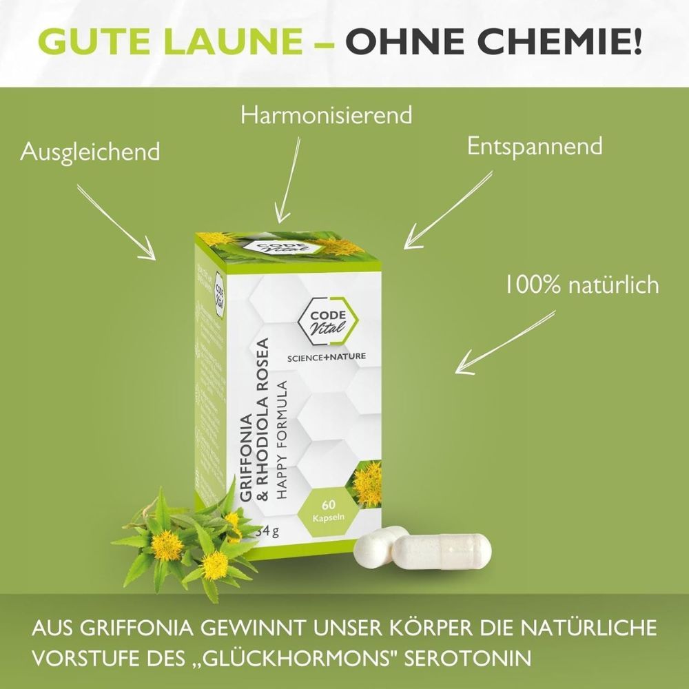 Produktverpackung und Kapseln. Text: Gute Laune - ohne Chemie! Logos: Ausgleichend, Harmonisierend, Entspannend, 100% natürlich.