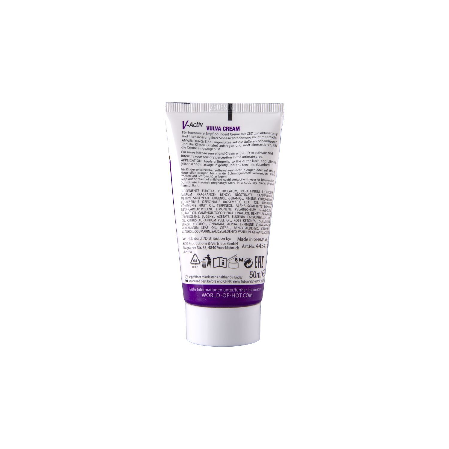 Rückseite der V-Activ Vulva Cream HOT Tube mit Inhaltsstoffen und Anwendungshinweisen.
