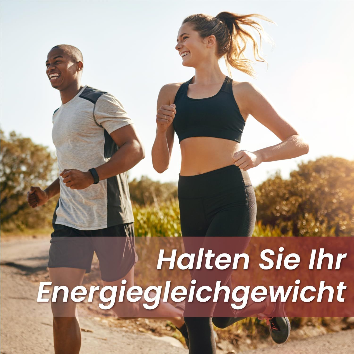 Zwei Personen joggen. Text: Halten Sie Ihr Energiegleichgewicht.