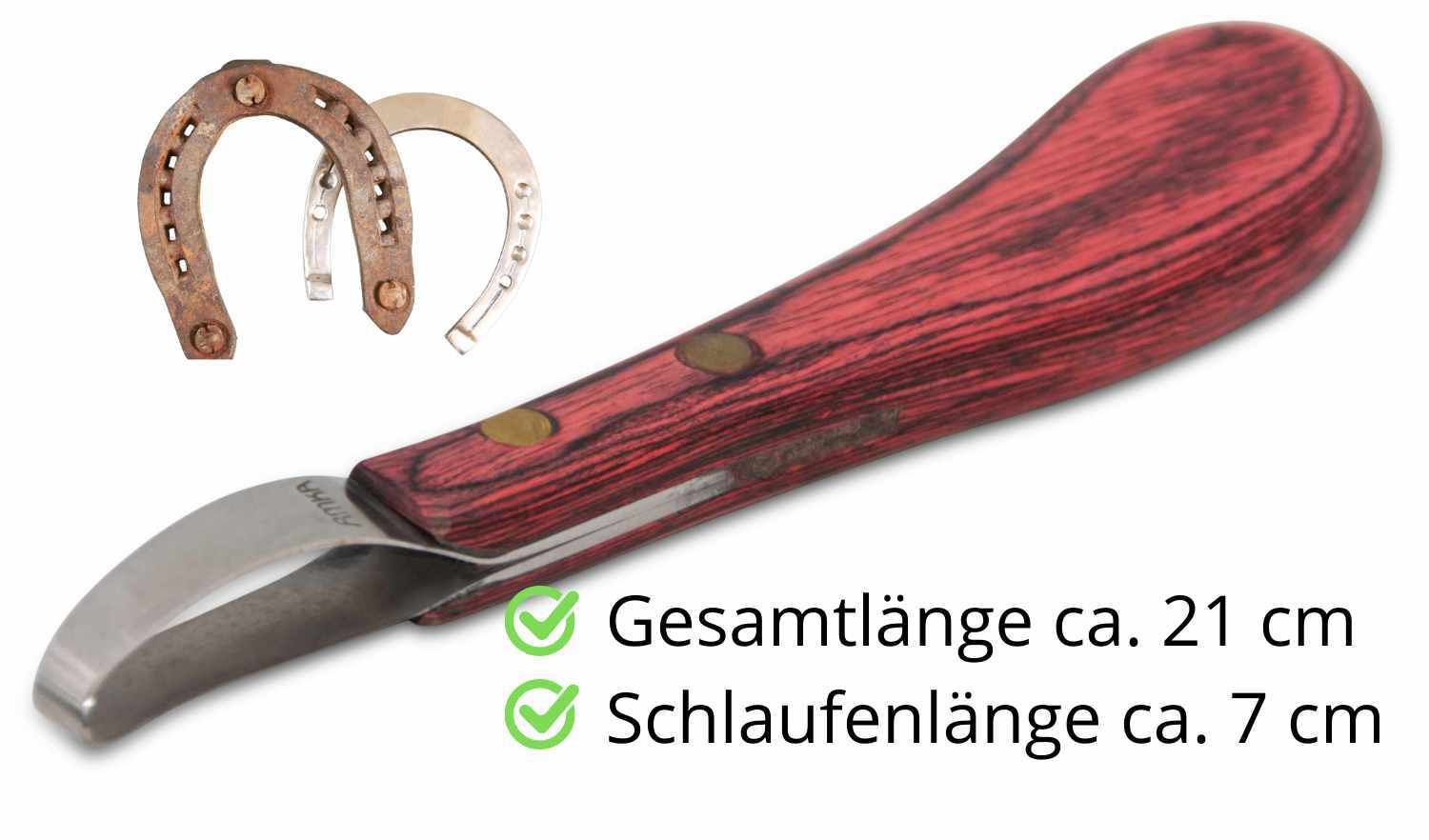 Hufmesser mit rotem Holzgriff und Metallklinge. Zwei Hufeisen im Hintergrund. Text: Gesamtlänge ca. 21 cm.