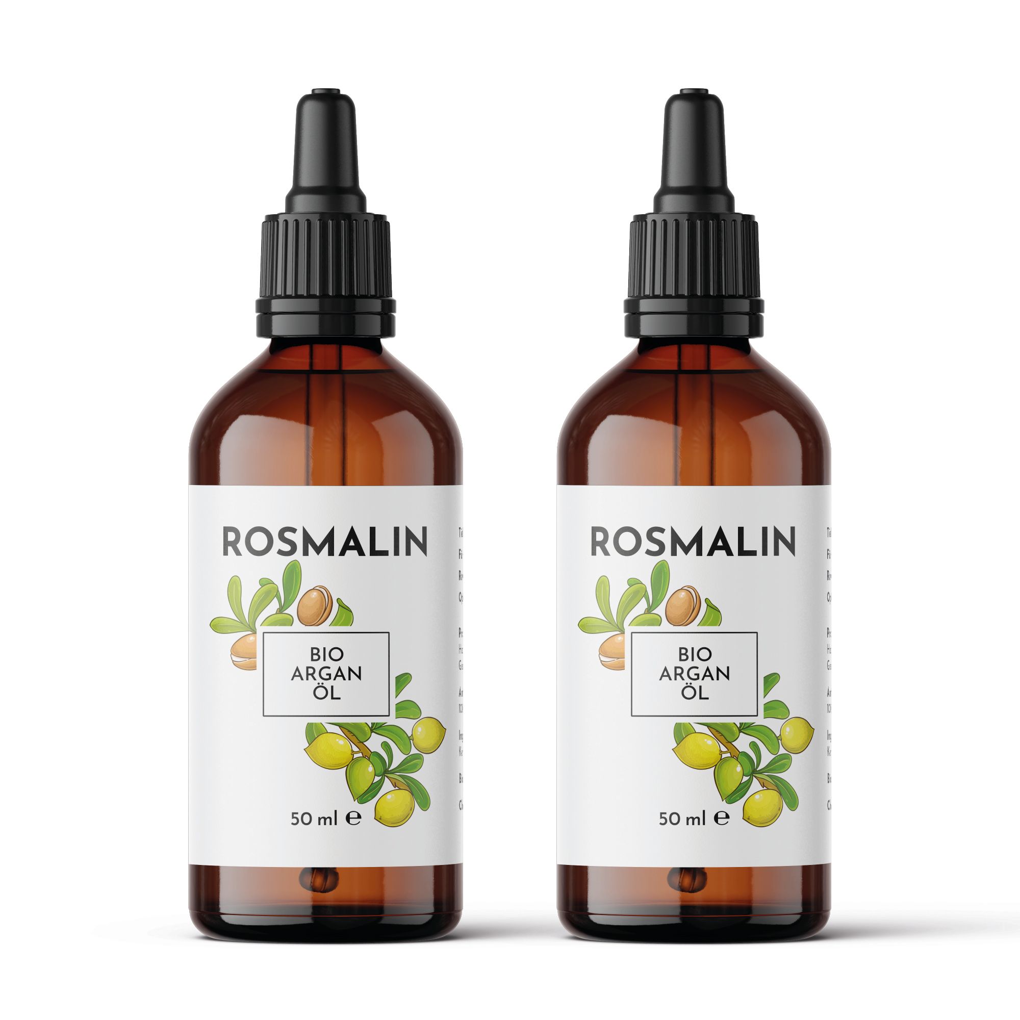 Zwei braune Glasflaschen mit schwarzem Tropfer. Etikett: ROSMALIN, BIO ARGAN ÖL, 50 ml e.