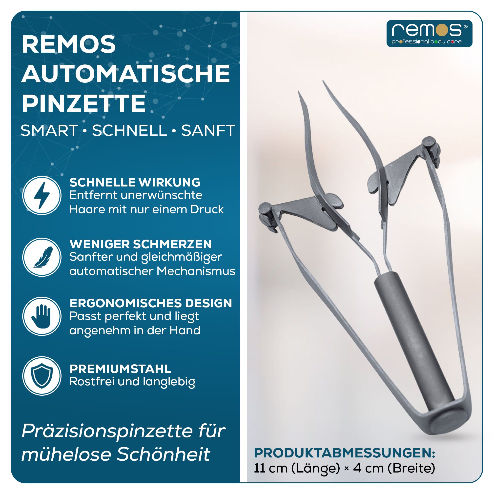 REMOS Automatische Pinzette: Präzisionspinzette aus Edelstahl, 11 cm lang, 4 cm breit.