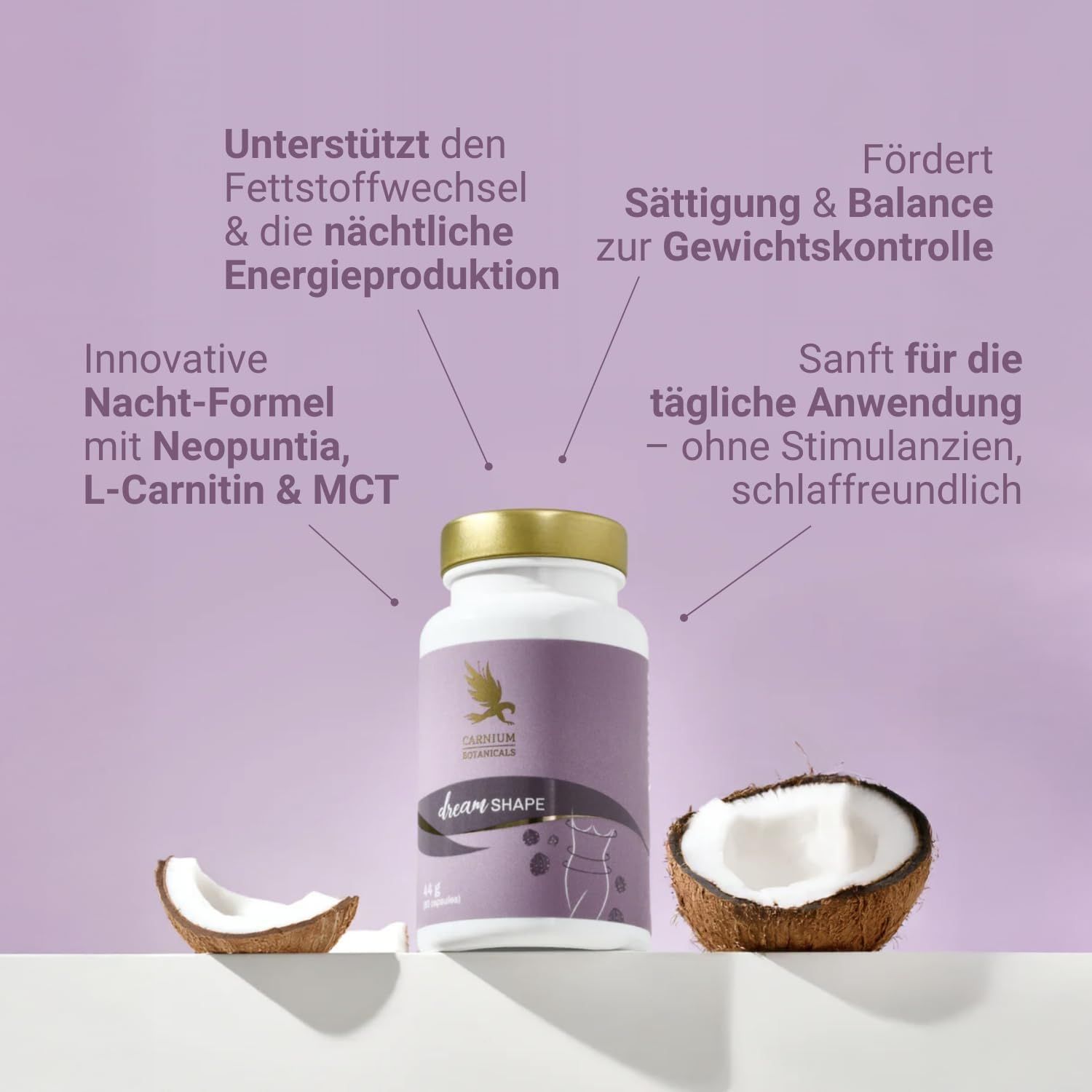 Dream Shape Flasche mit Kokosnuss. Text: Unterstützt den Fettstoffwechsel, Sättigung & Balance, Innovative Nacht-Formel, Sanfte Anwendung.
