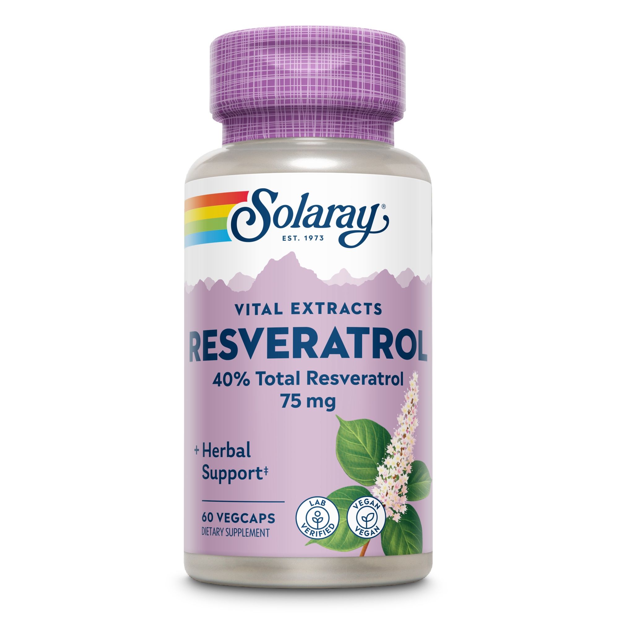 Solaray Resveratrol-Flasche. Aufschrift: Vital Extracts, 40% Total Resveratrol, 75 mg. 60 Vegicaps. Mit Vegan- und Lab-Zertifizierungen.