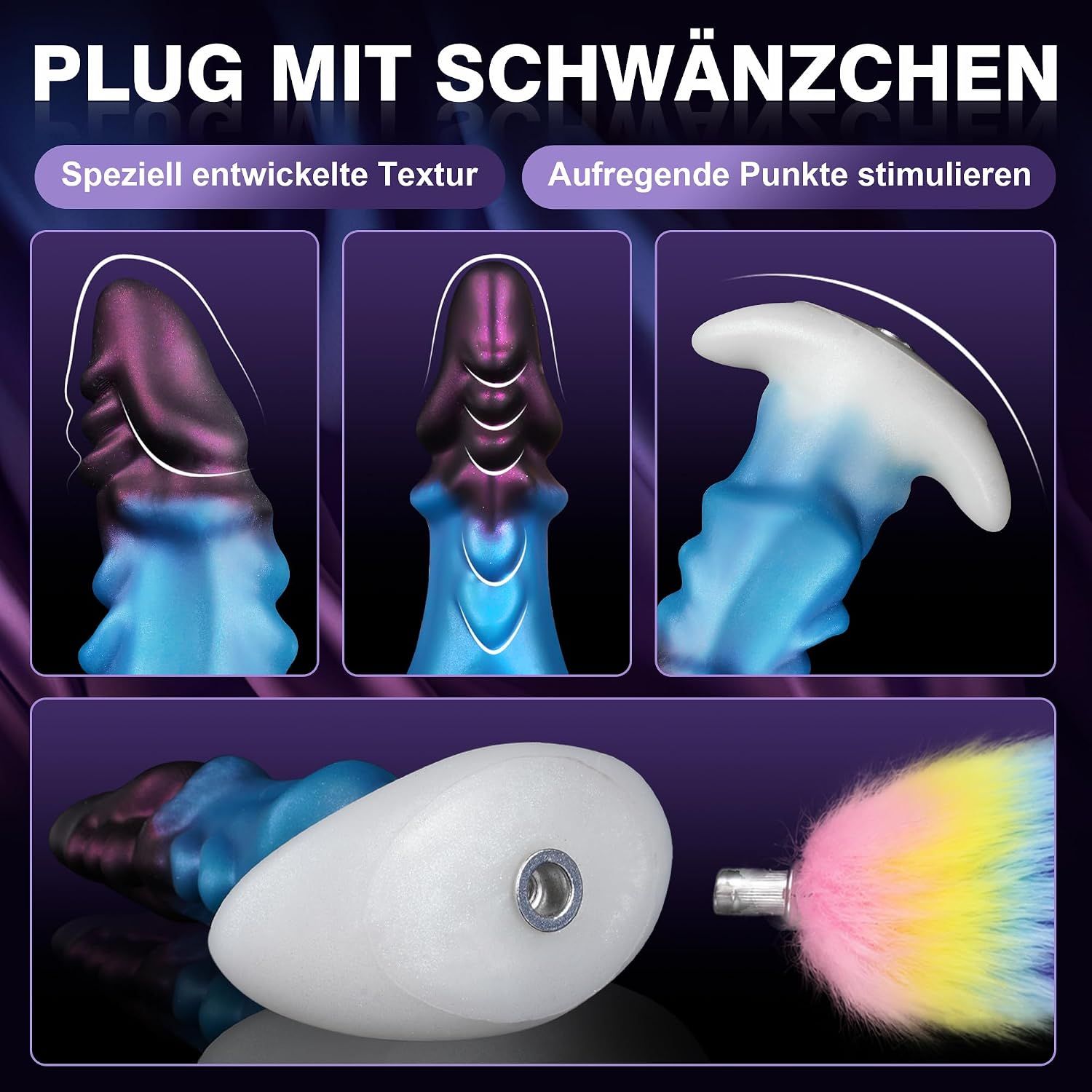 Blauer und violetter Analplug mit buntem Fellschwanz. Maße: 14 cm lang, 3,38 cm breit.