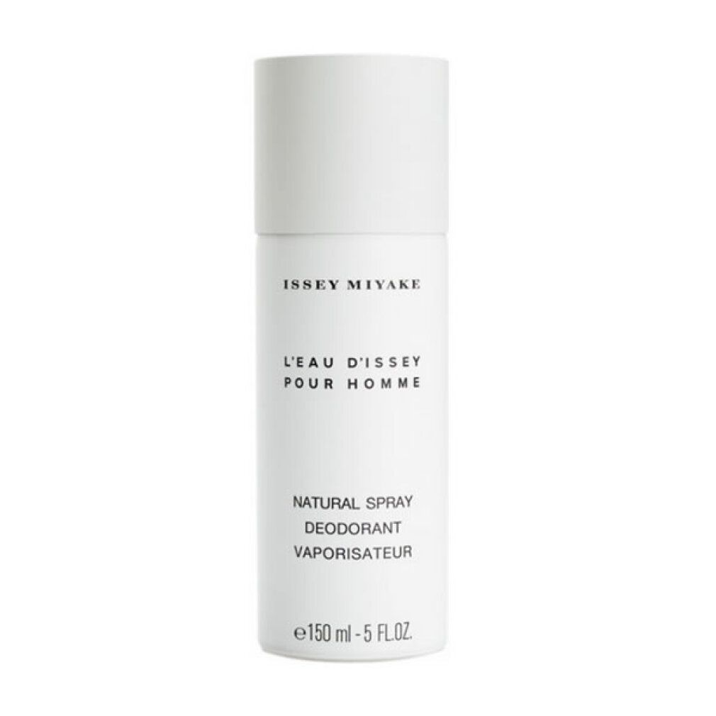 Deodorant-Spray von Issey Miyake. Weißes zylindrisches Gehäuse mit weißem Deckel. Schwarze Schrift.
