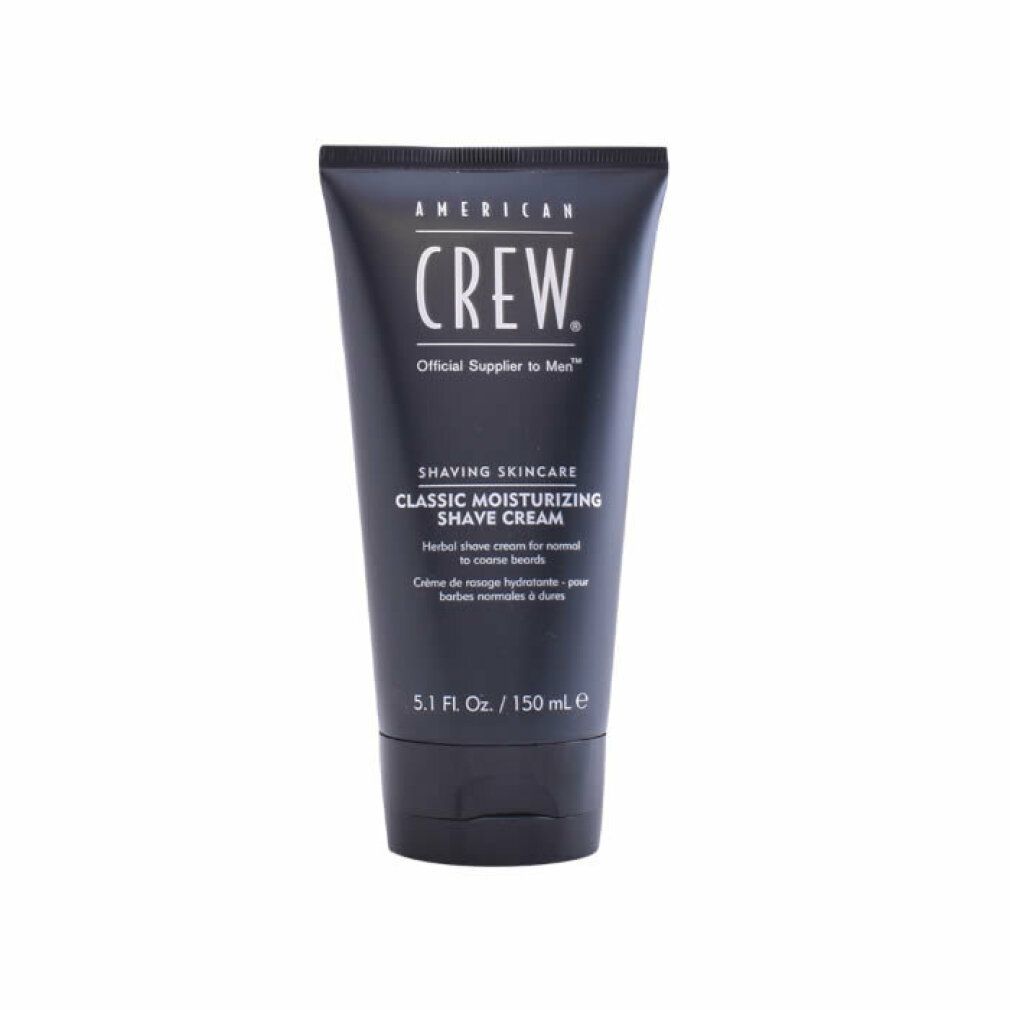 Schwarze Tube mit Aufschrift "AMERICAN CREW. Shaving Skincare Classic Moisturizing Shave Cream". 5.1 Fl. Oz. / 150 ml.