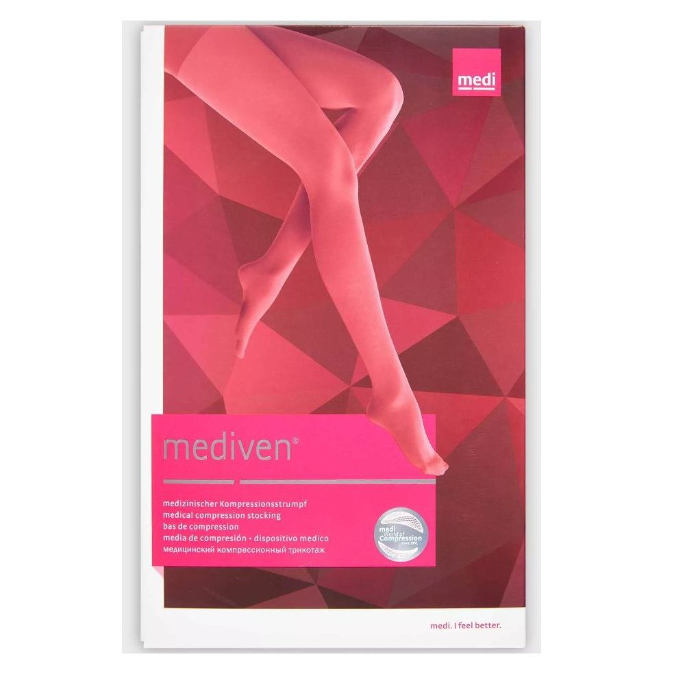 Verpackung von medi mediven elegance Kompressionsstrumpfhose. Rosa Hintergrund mit Produktabbildung.