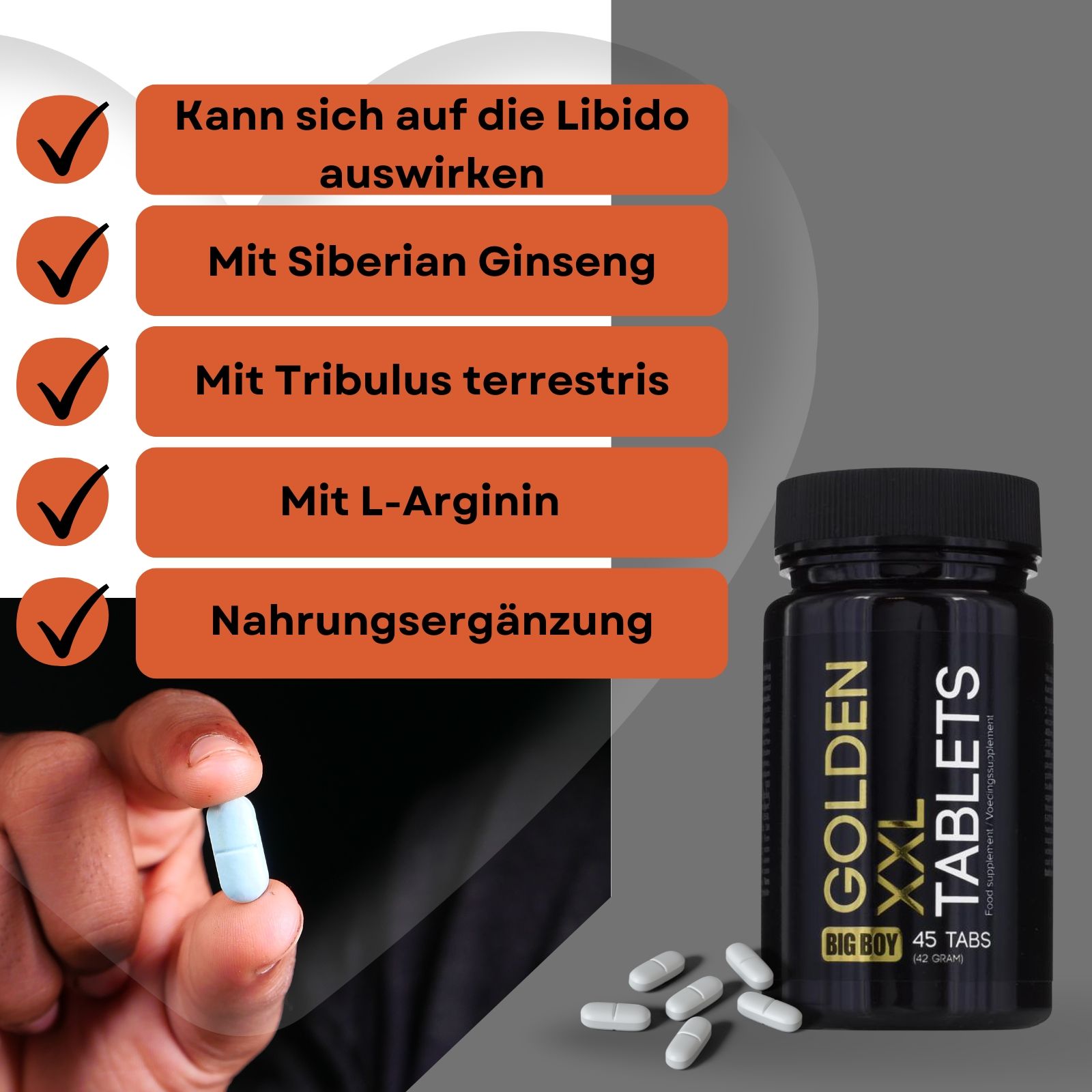Hand hält Tablette. Text: Kann sich auf die Libido auswirken, mit Siberian Ginseng, Tribulus terrestris, L-Arginin.