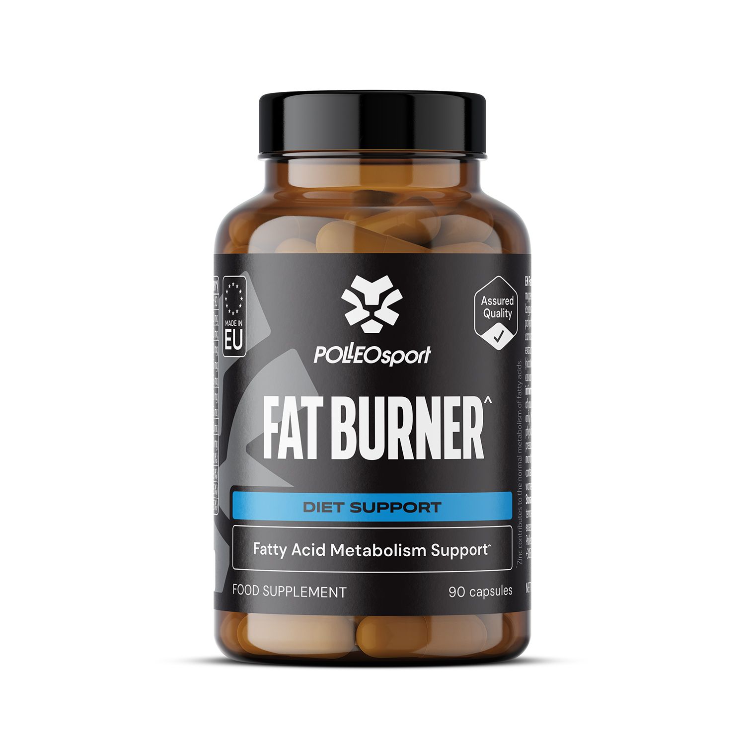 Braune Flasche mit Kapseln. Etikett mit 'FAT BURNER' und 'DIET SUPPORT'. Enthält 90 Kapseln. EU-Zertifizierung.