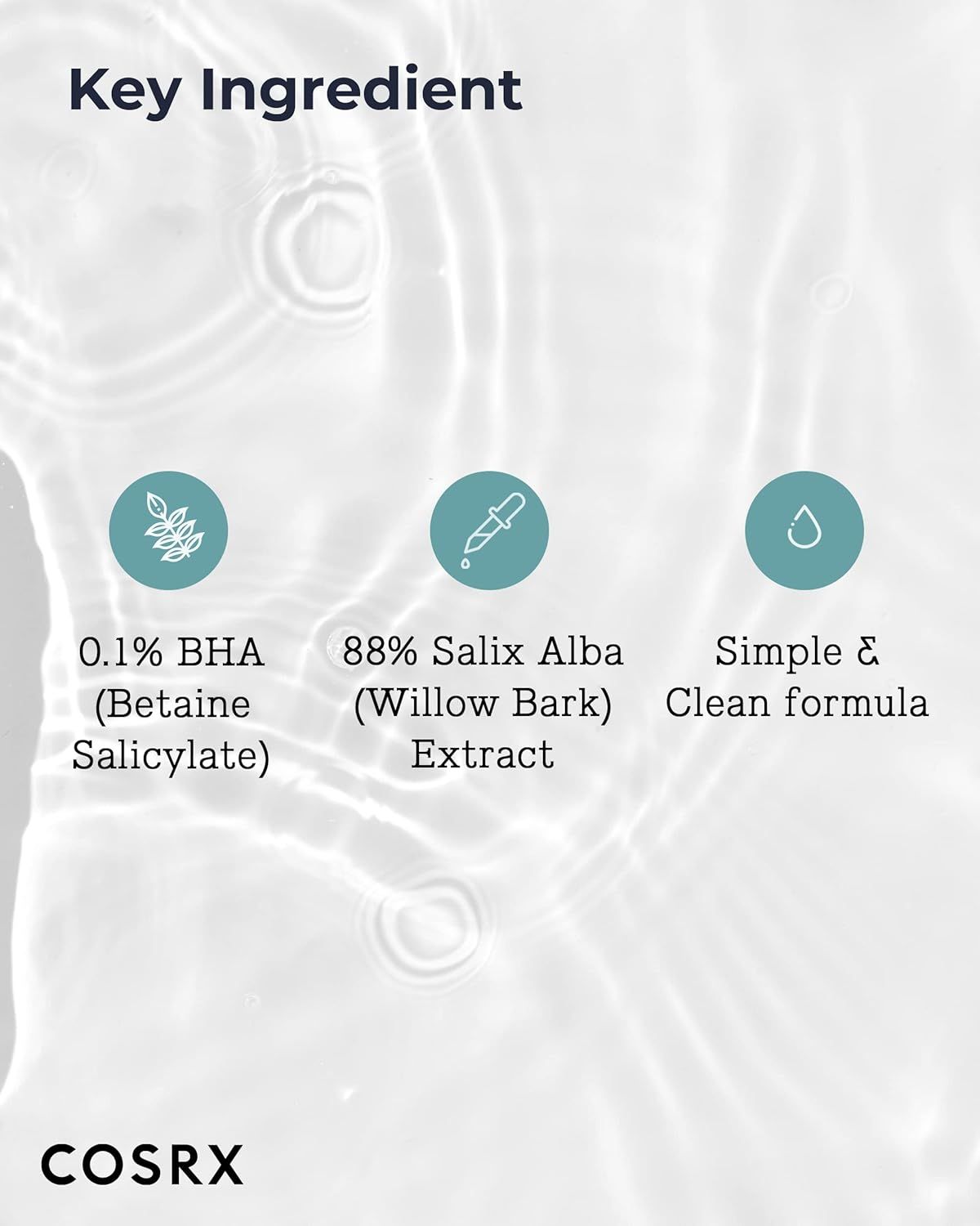 Drei Kreise mit Text. 0,1% BHA, 88% Salix Alba Extrakt, Simple & Clean formula. Marke COSRX.