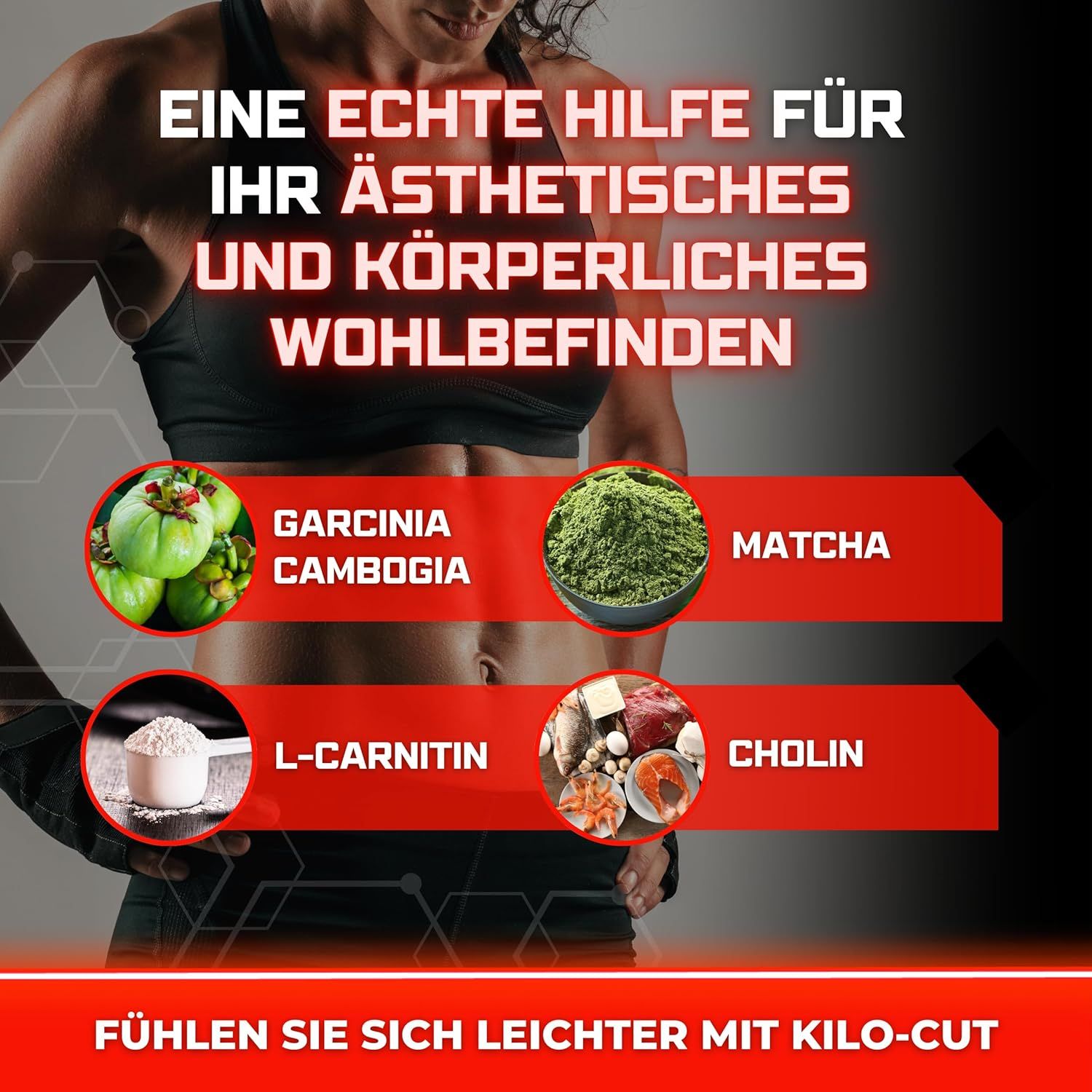 Inhaltsstoffe: Garcinia Cambogia, Matcha, L-Carnitin, Cholin. Roter Hintergrund. Frau mit trainiertem Körper.