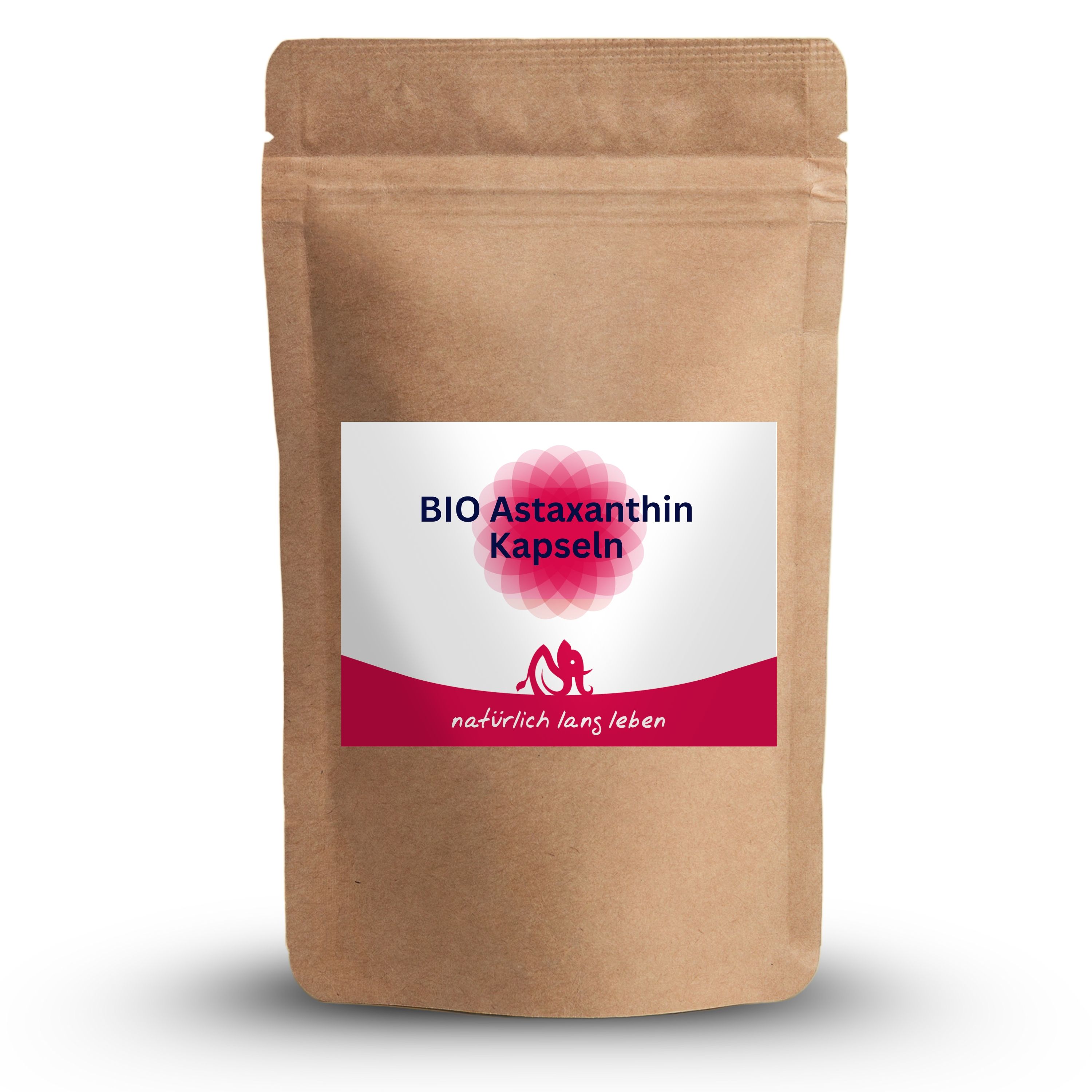 Braune Tüte mit Etikett. Aufschrift: BIO Astaxanthin Kapseln. Logo und Schriftzug: natürlich lang leben.