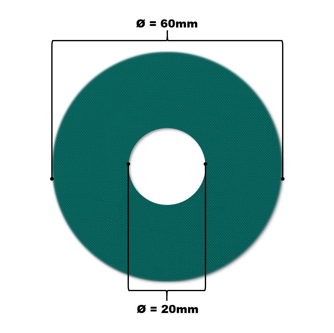 Runder, petrolfarbener Aufkleber mit einem Loch in der Mitte. Durchmesser 60 mm, Lochdurchmesser 20 mm.