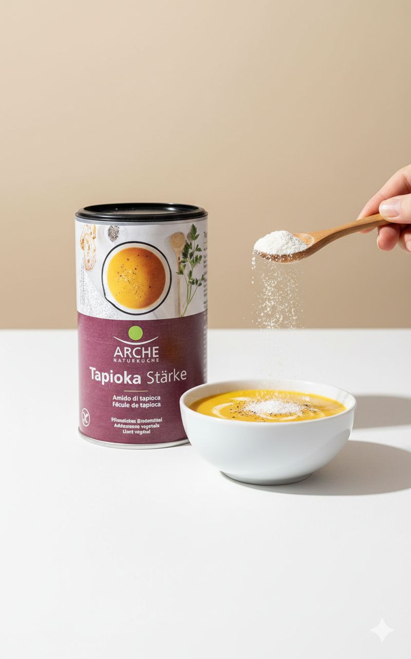 Arche Tapioka Stärke Dose neben einer Schüssel Suppe, Pulver wird auf einen Holzlöffel gestreut.