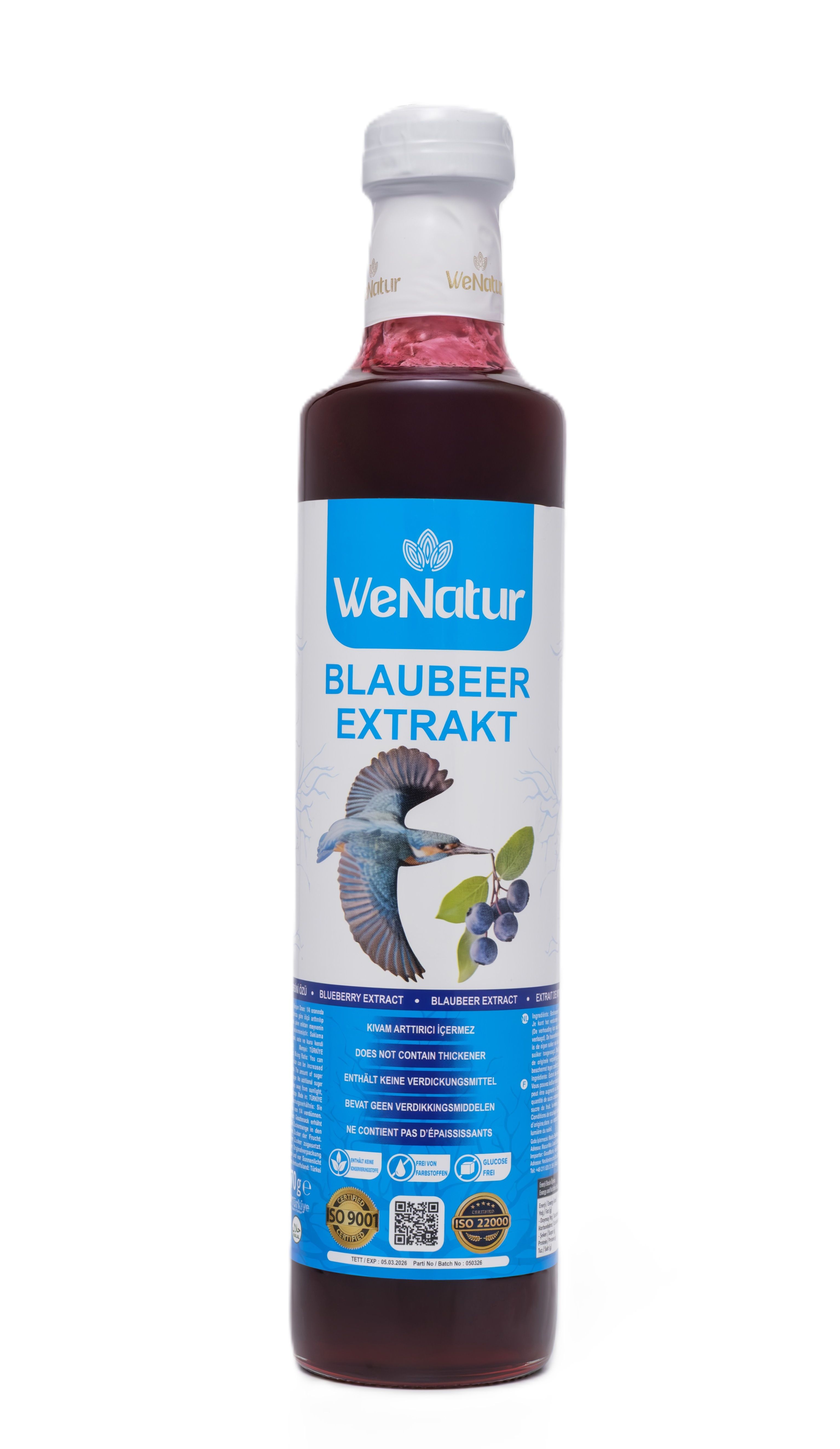 WeNatur Blaubeer Extrakt Flasche mit Vogelmotiv.