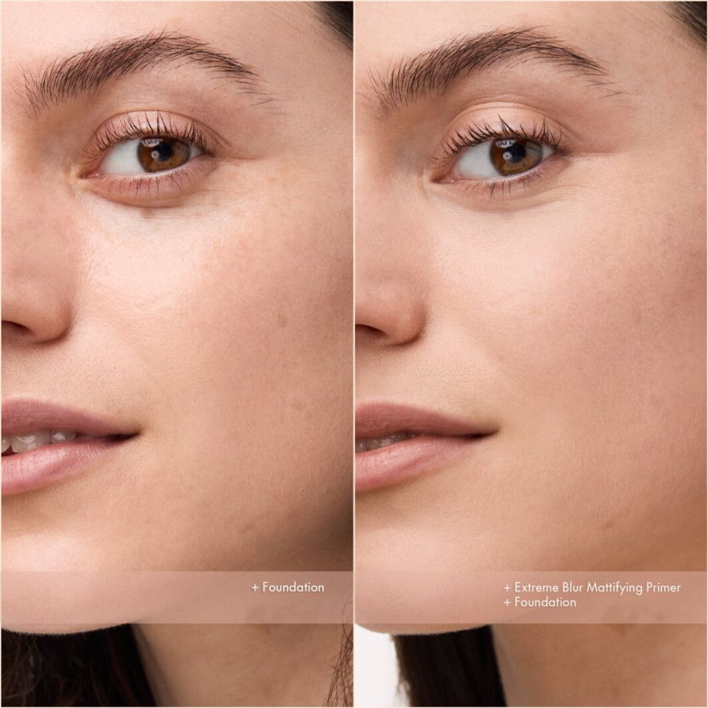 Vergleichsbild: Gesicht vor und nach dem Auftragen von Foundation und Primer. Deutliche Unterschiede im Hautbild.