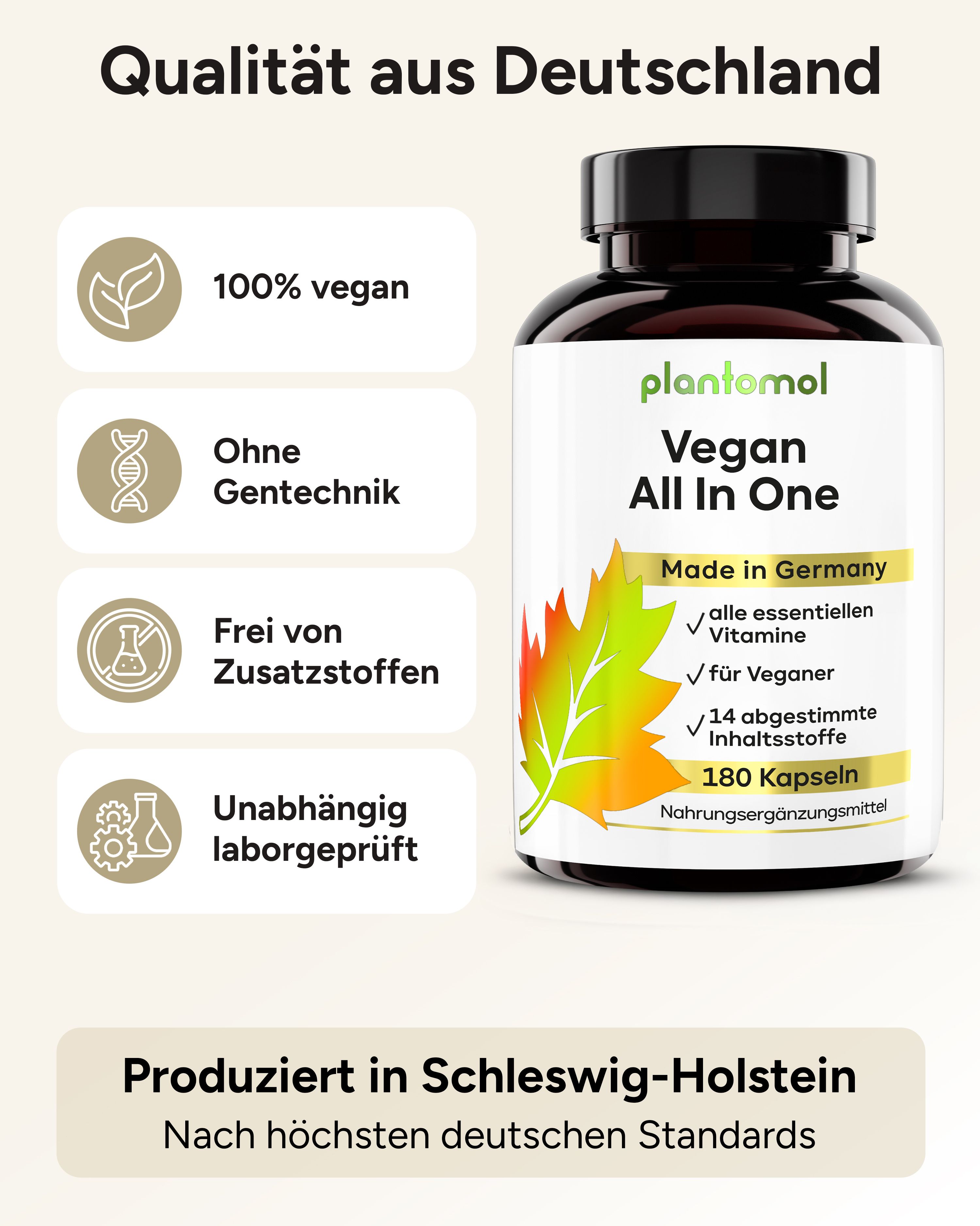 Qualität aus Deutschland. Siegel: 100% vegan, ohne Gentechnik, frei von Zusatzstoffen, laborgeprüft. Produkt: plantomol Vegan All In One. 180 Kapseln.
