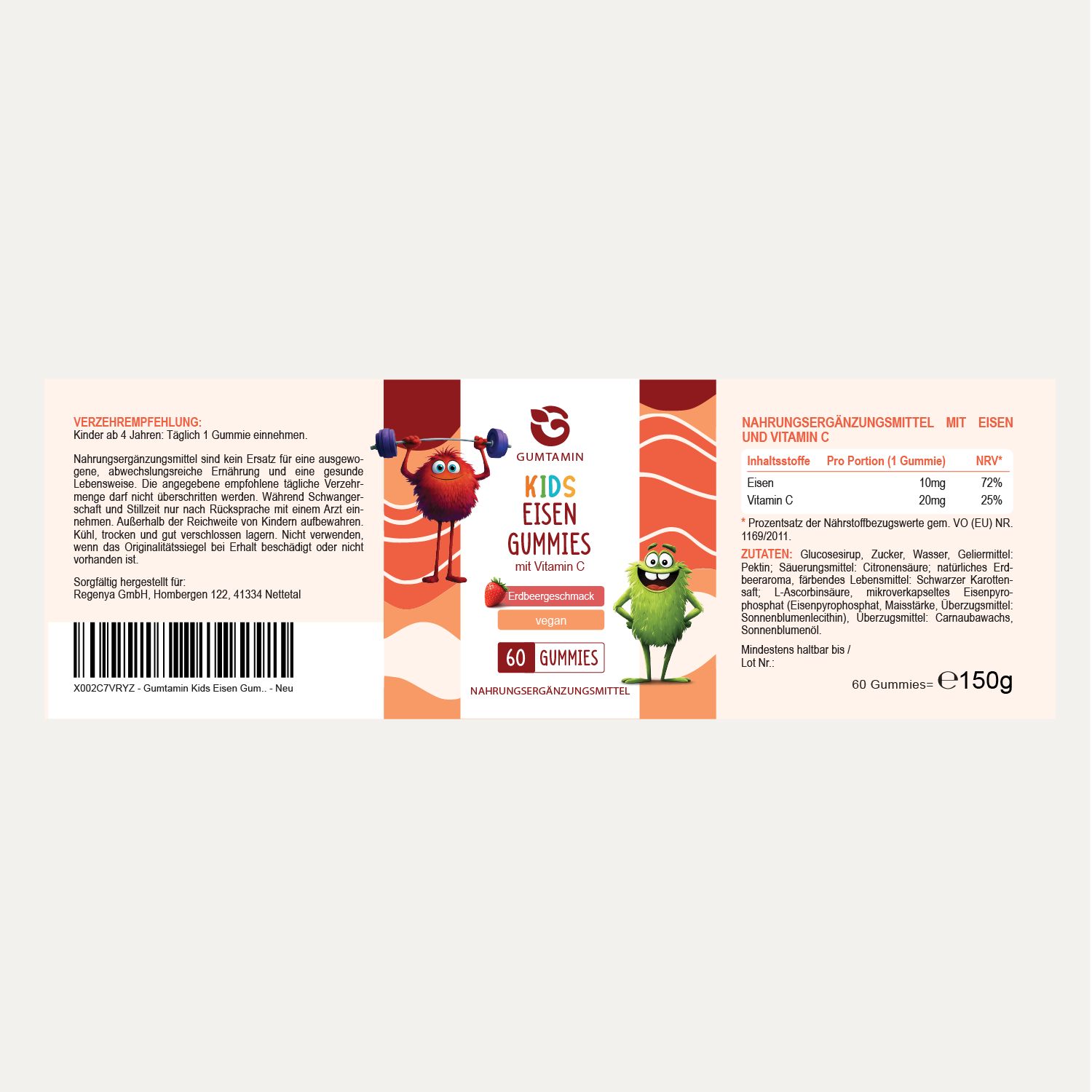 Zutatenliste für GUMTAMIN Kids Eisen Gummies mit Vitamin C, 60 Stück.